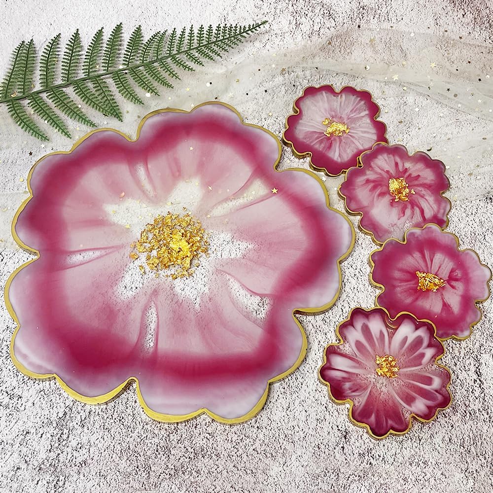 13'' Large Floral Tray Mold + 4'' Flower Geode Coaster Silicone Molds (No Designs, 5 Pieces, White, Silicone, Single