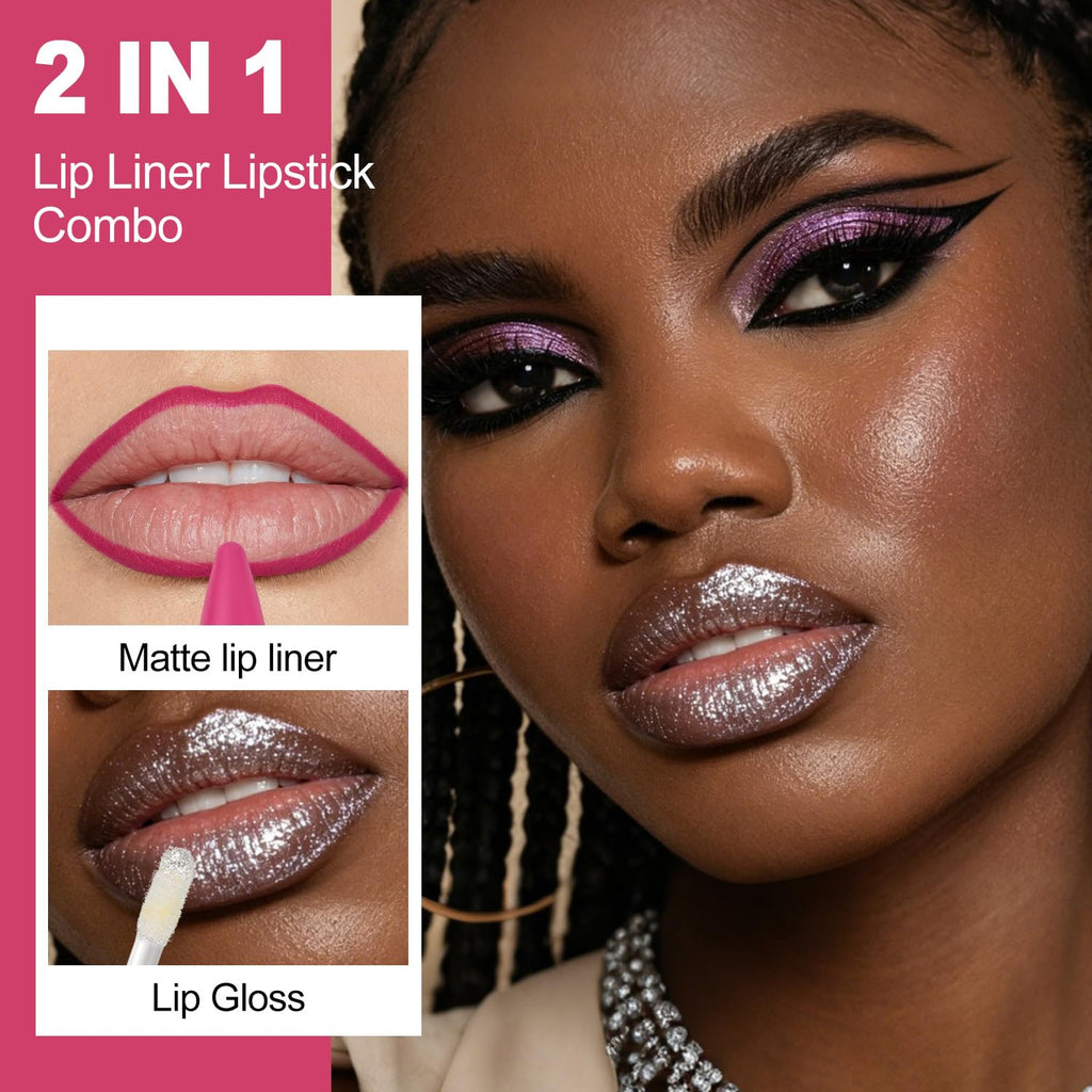 Hot Pink Lip Liner Silver Lip Gloss Combo for Women
