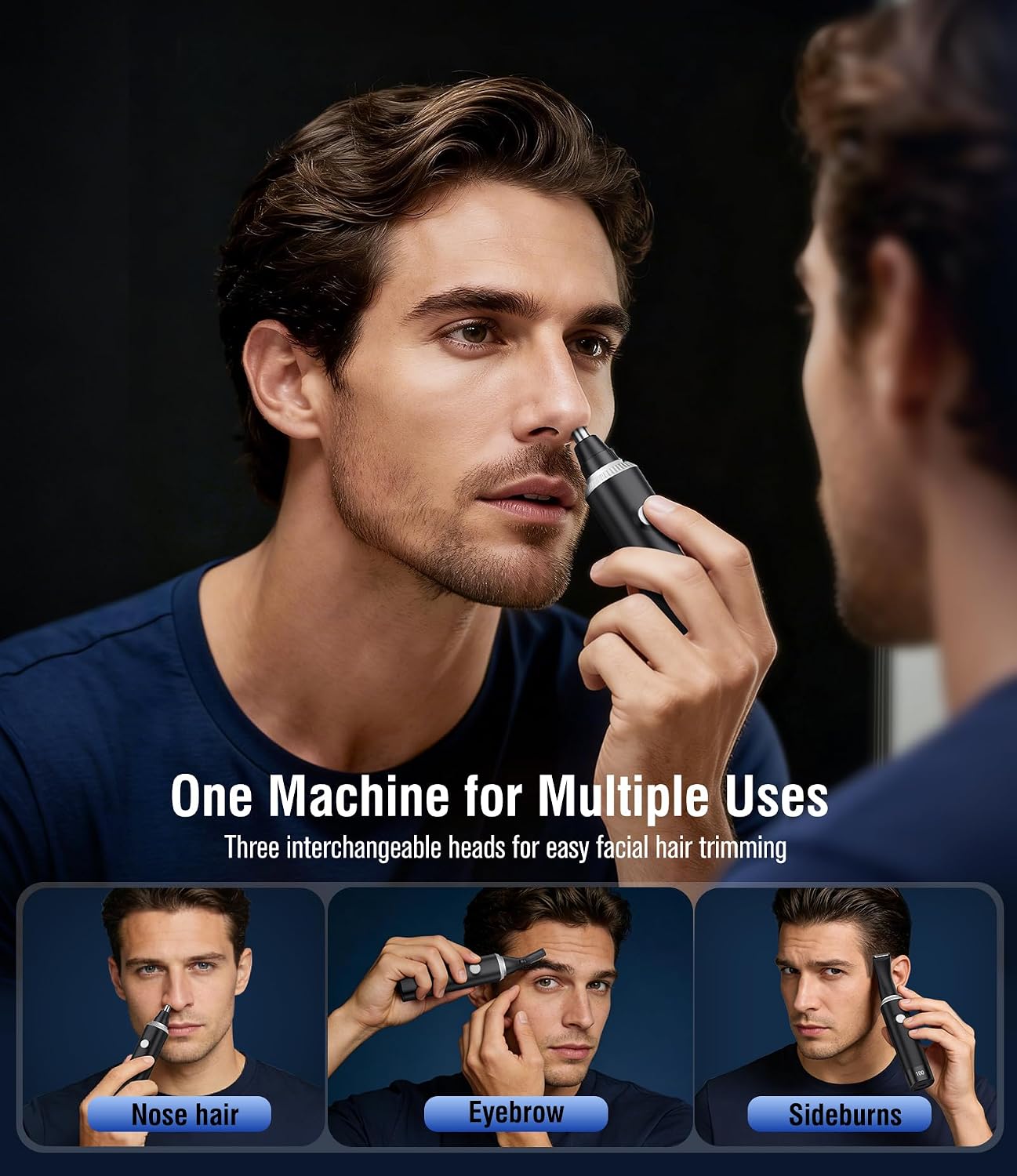 Nose Hair Trimmer for Men, 3-in-1 Professional Painless Rechargeable Eyebrow & Facial Hair Trimmer for Men Women
