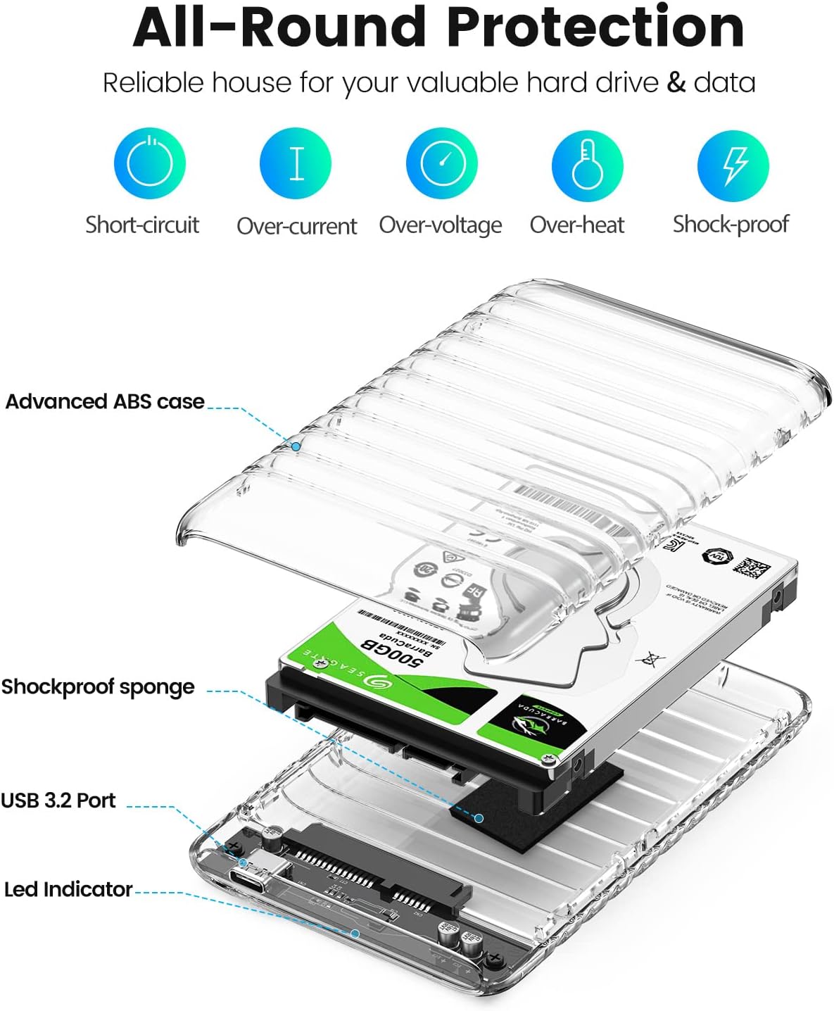 2.5 inch Hard Drive Enclosure USB C to SATA III 5Gbps Clear External Hard Drive Case for All 7mm 9.5mm 2.5 inch SATA