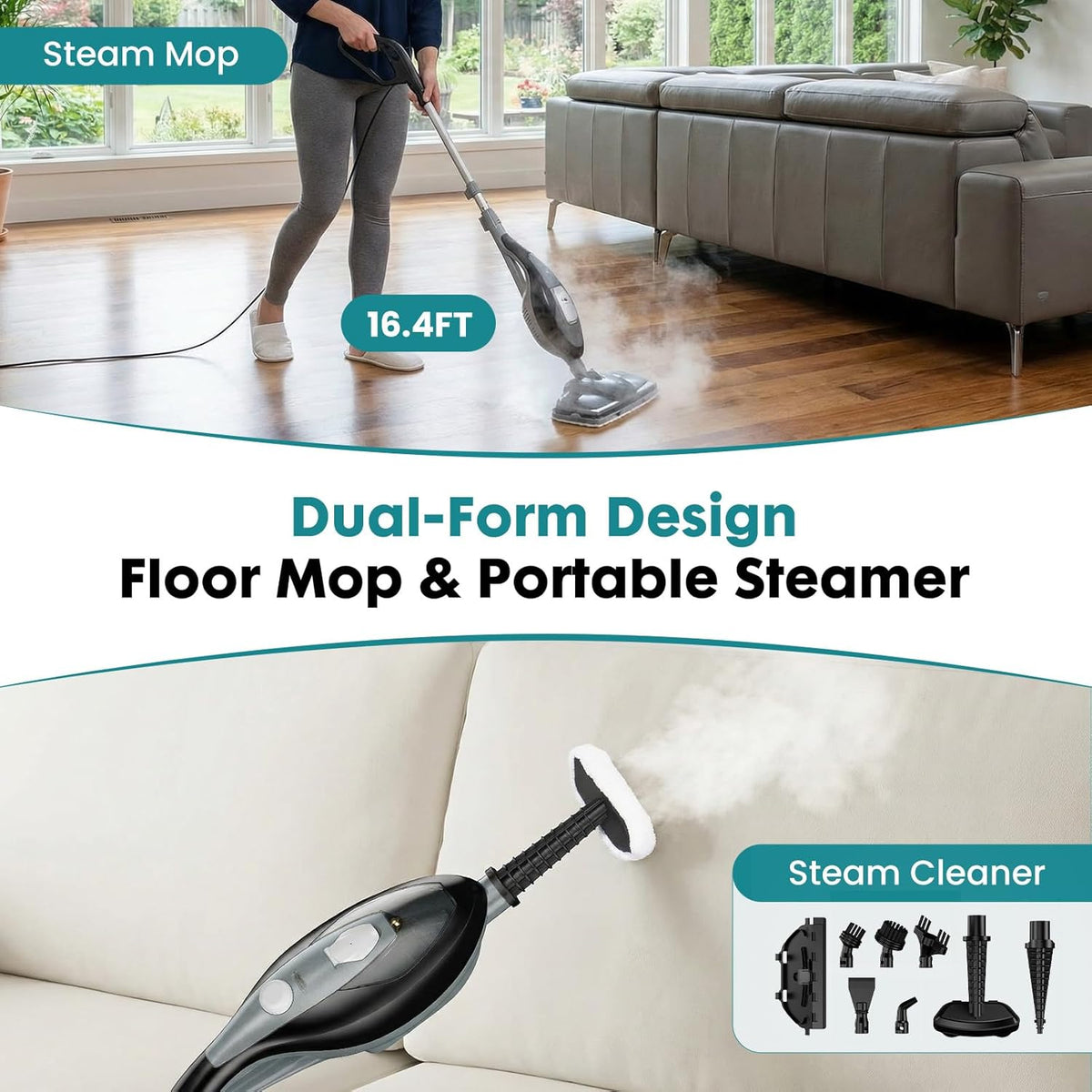 10-in-1 Multifunctional Steam Mop, 1550W Detachable Handheld Steam Cleaner, 16FT Power Cord with 2 Reusable Pads