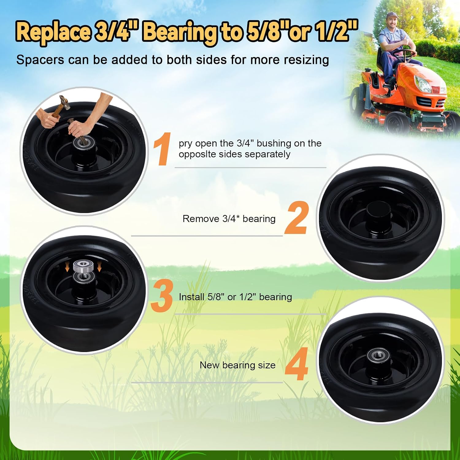 2-Pack 13x5.00-6 Tires for Zero Turn Mower | with Upgraded 3/4" 5/8" and 1/2" Bearing ,13x5.00-6 Flat Free