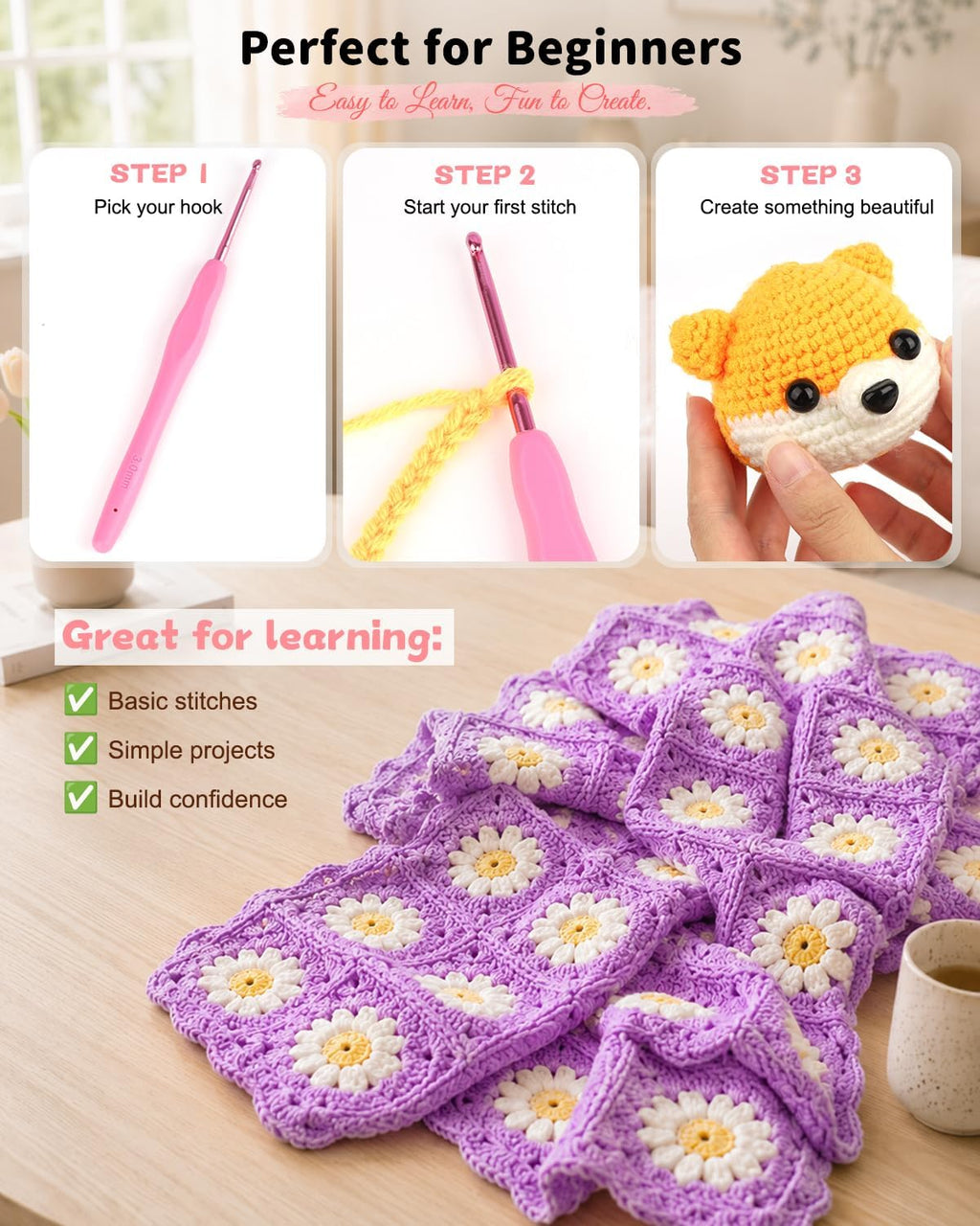 Crochet Kit for Beginners, 59pcs Crochet Starter Kits with Yarn, Ergonomic Hooks & Storage Case, Learn-to-Crochet Set