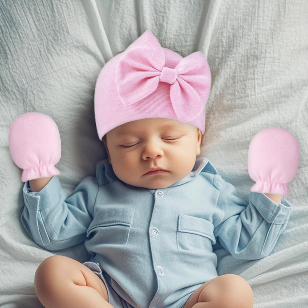 Newborn Baby Hats Mittens Sets Bow Infant Caps Gloves No Scratch Mitten Beanie Set for 0-6 Months Girls