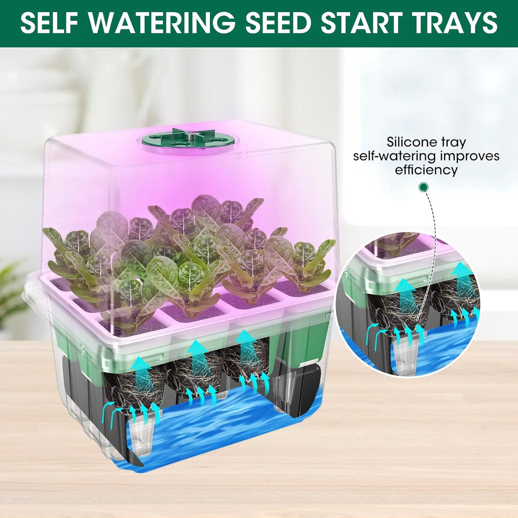 60-Cell Self Watering Seed Starter Tray with Grow Light, 5-Pack Reusable Seed Starter Kit with Soft Silicone, Plant