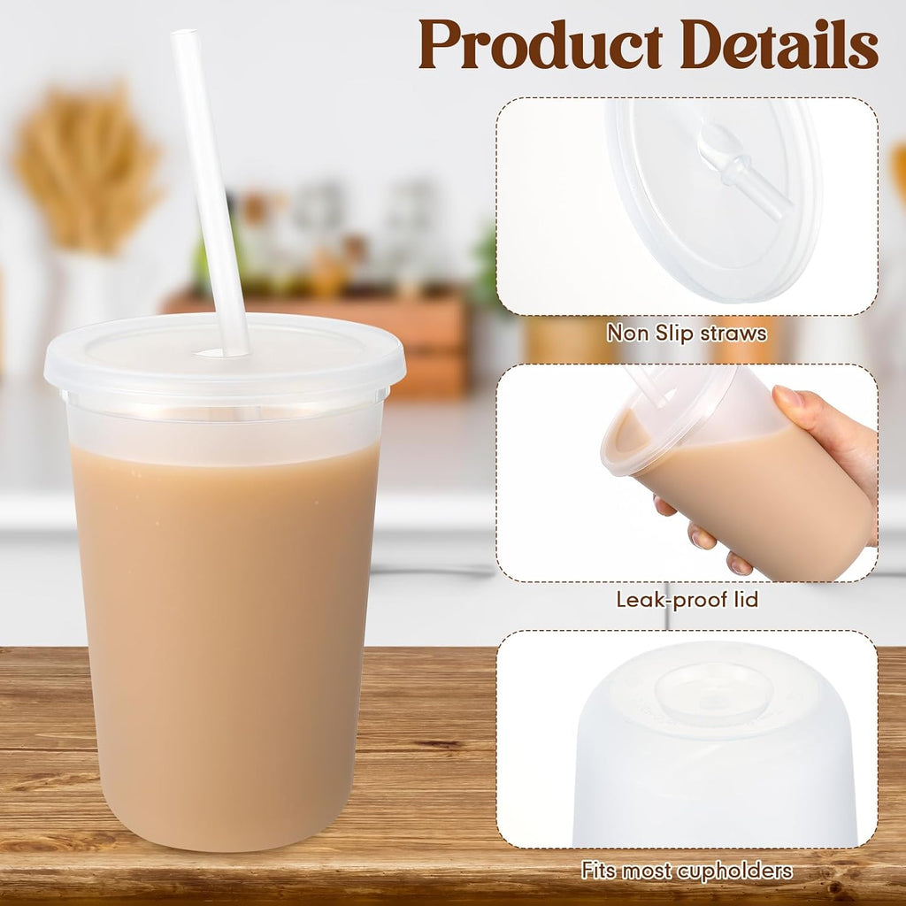 30 Pcs Clear Reusable Cups with Straws and Lids, Plastic Frosted Round Bottom Ice Coffee Cups Travel Mug Tumbler for