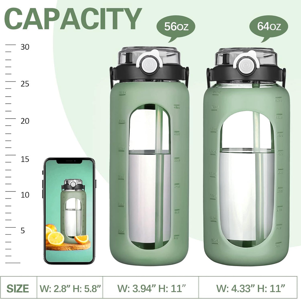 64oz Glass Water Bottles with Straw Time Marker Half Gallon Large Motivational Water Bottle with Silicone Sleeve 2