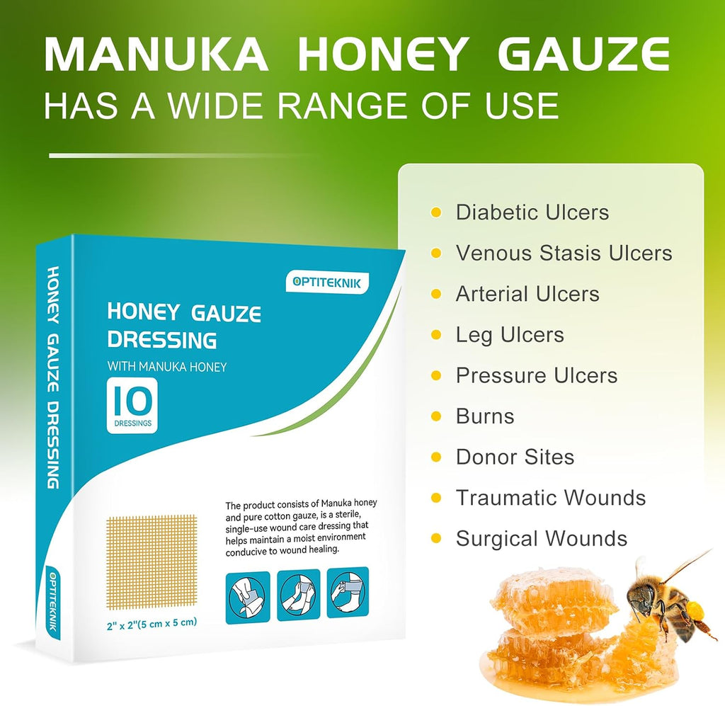 Manuka Honey Gauze Dressing 2"x2" Pack of 10, Manuka Honey Wound Care Bandage for Cuts, Scalds and Burns, Wound