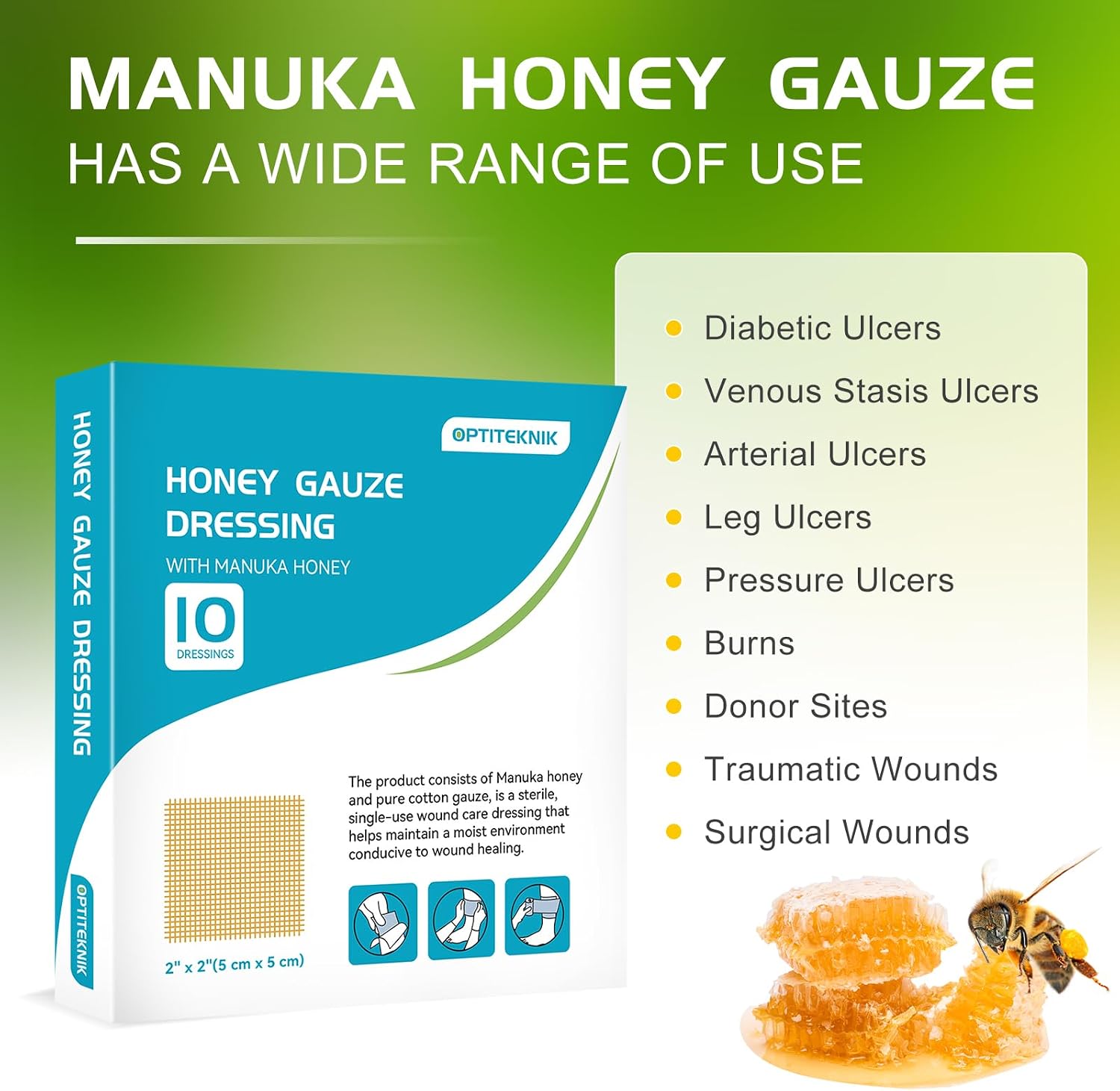Manuka Honey Gauze Dressing 2"x2" Pack of 10, Manuka Honey Wound Care Bandage for Cuts, Scalds and Burns, Wound