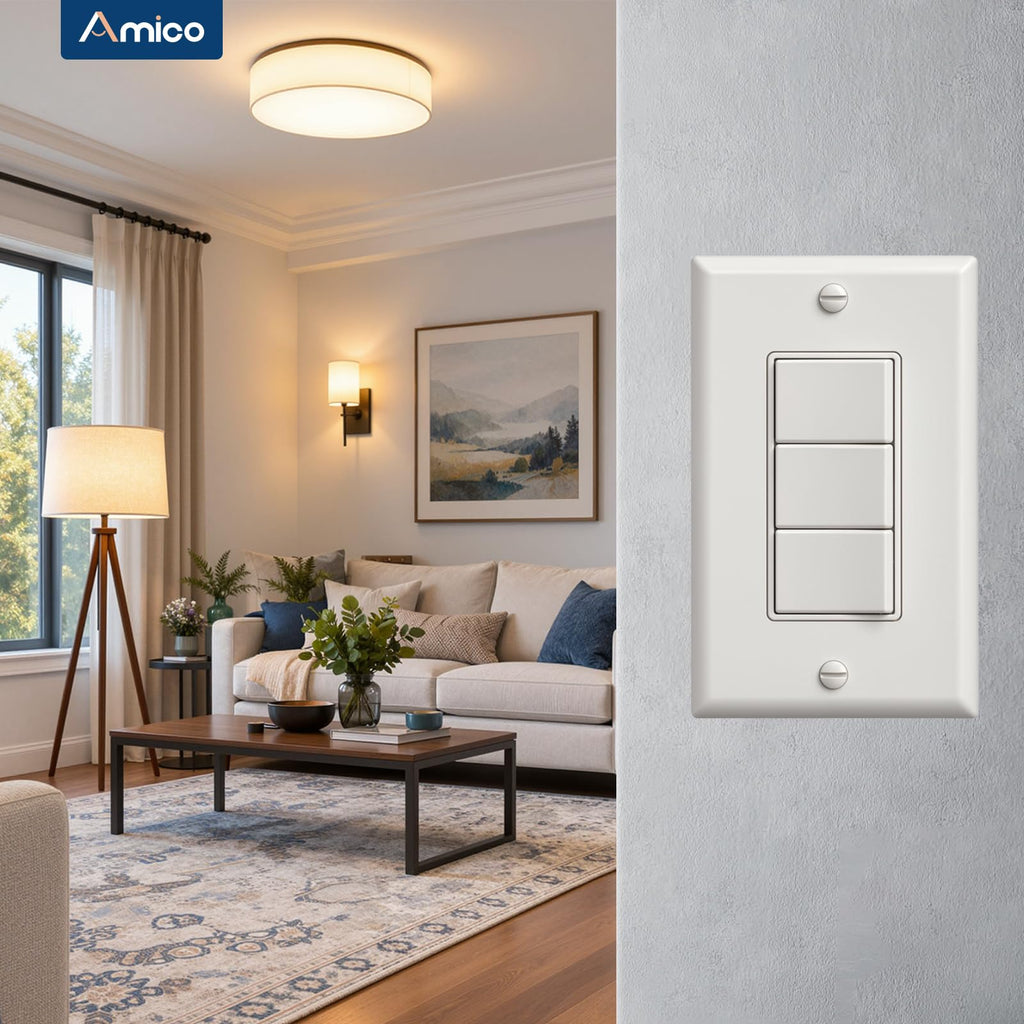 Amico 2 Pack Triple Light Switches, UL Listed 15 Amp 120/277V