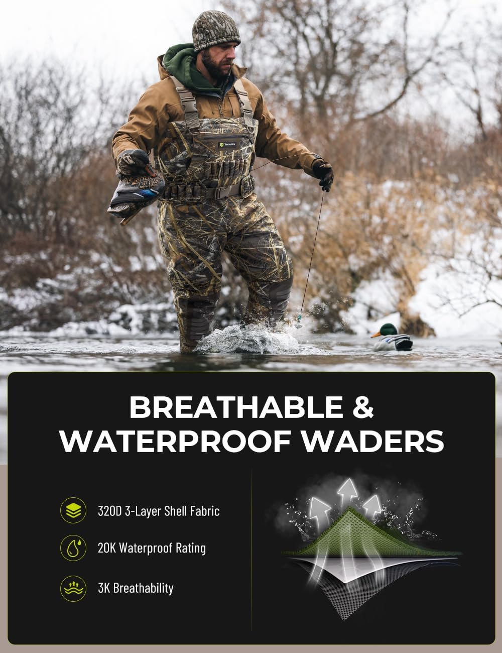 Breathable Chest Waders, Waterproof Insulated Hunting Waders | 1600G Boots & 200G Insulated Lining, Sealed Seams