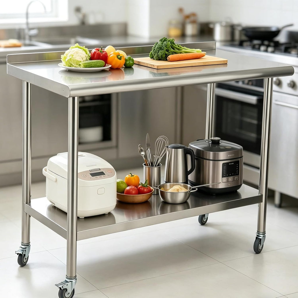 Stainless Steel Curved Edge Work Table 48 inch Double Layer with Backsplash & Casters, Heavy Duty Commercial Prep