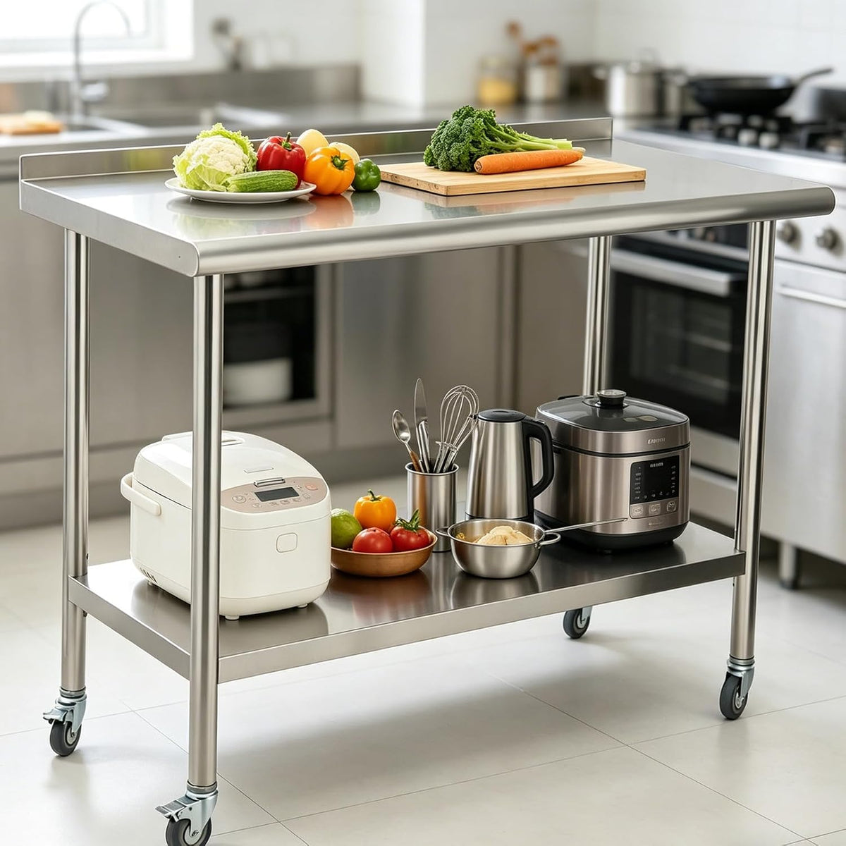 Stainless Steel Curved Edge Work Table 48 inch Double Layer with Backsplash & Casters, Heavy Duty Commercial Prep
