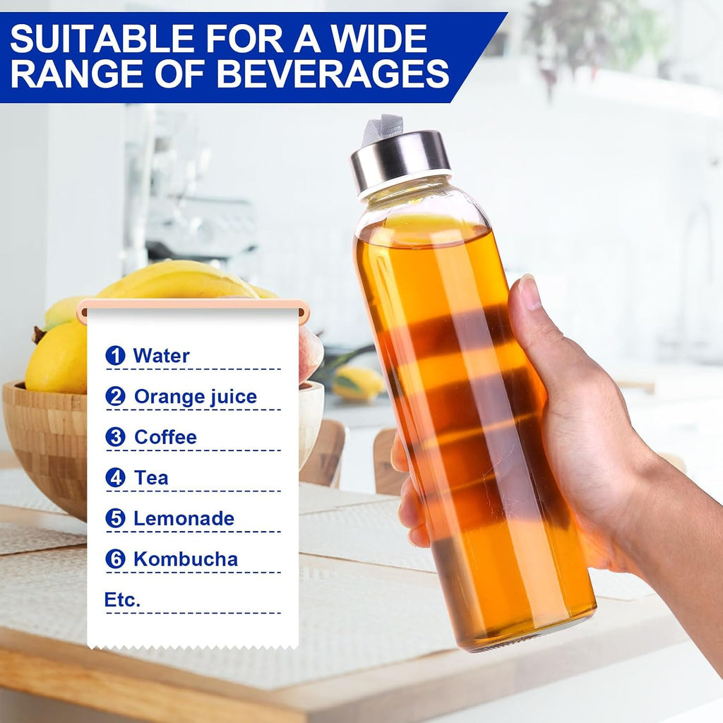 3 Packs Glass Water Bottles with Lid, Clear, 17oz | Reusable Juice Bottle with Stainless Steel Cap, Glass Cup Liquid