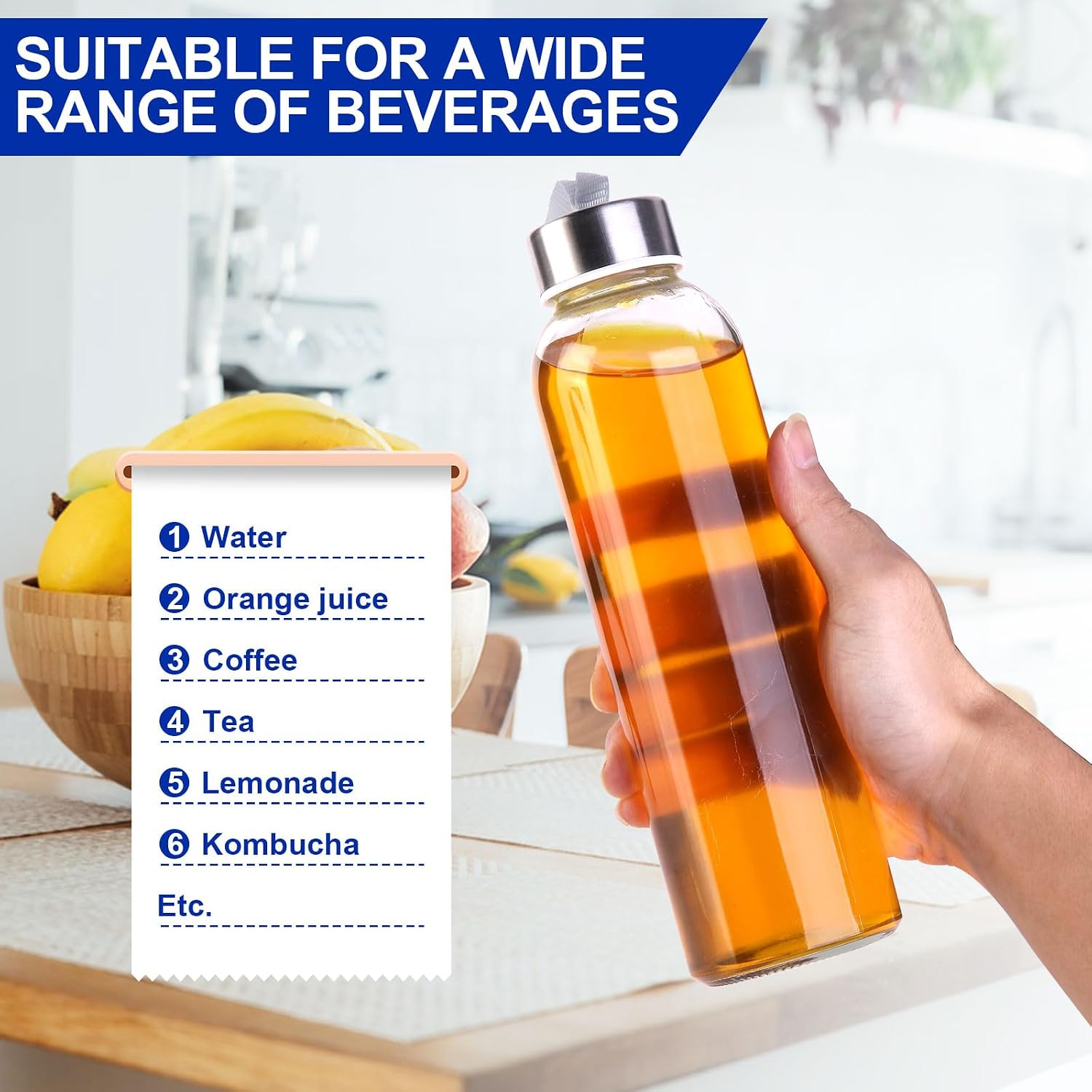 3 Packs Glass Water Bottles with Lid, Clear, 17oz | Reusable Juice Bottle with Stainless Steel Cap, Glass Cup Liquid
