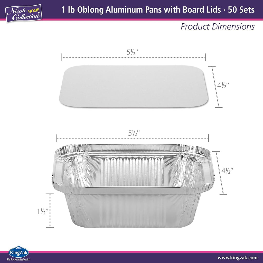 Aluminum Pans with Lids - 50 Count - 1LB Oblong Pans (5"x4")- To Go Containers with Lids - Disposable Tin Foil Pans