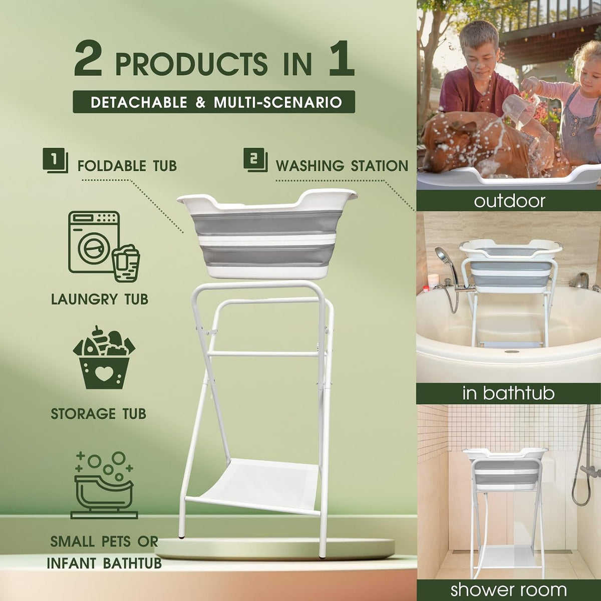 2-in-1 Dog Bathtub & Washing Station, Elevated Collapsible Bathtub with Drainhole & Storage Rack, Foldable Portable