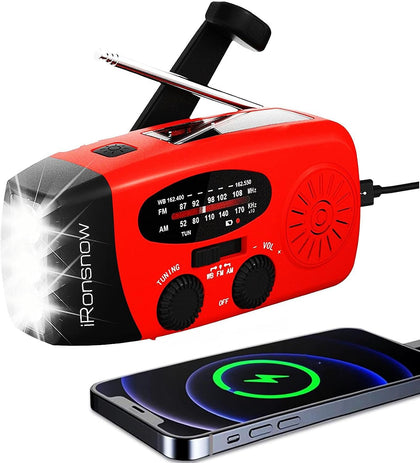 Solar Emergency Hand Crank Weather Radio, 2000mAh NOAA AM/FM | Portable Self Powered Radios with SOS Alarm LED