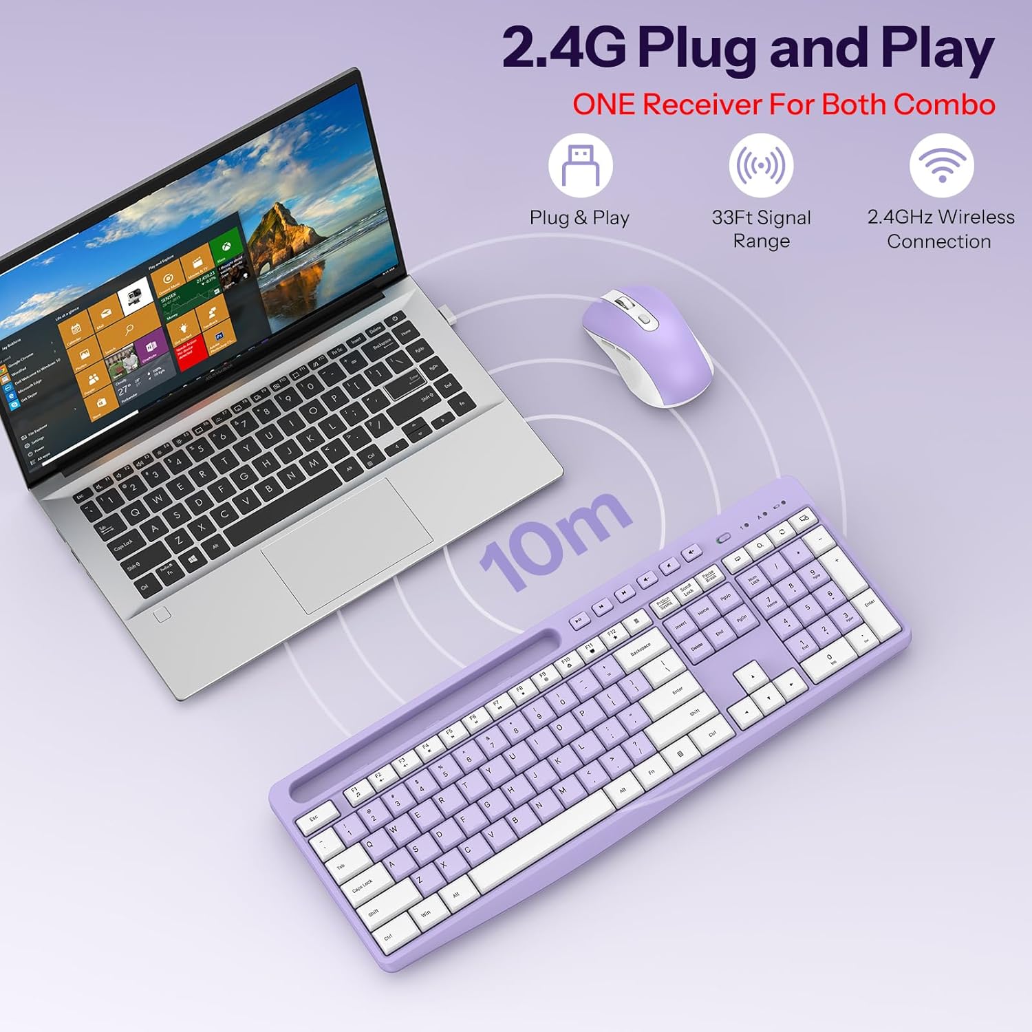 Purple Wireless Keyboard and Mouse Combo,2.4GHz USB Receiver | Built-in Phone Holder & Silent Typing for Home/Office