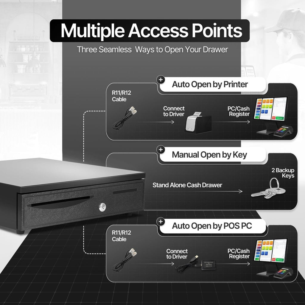 16-Inch Cash Drawer for Small Businesses, 5 Bill/5 Coin, Black | Pos Cash Register Drawer with Rj11/Rj12 Cable