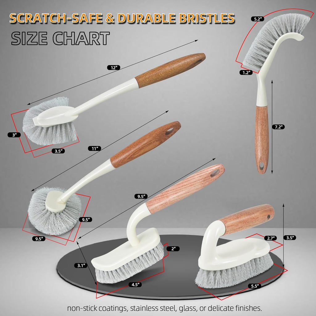 5-Pack Heavy Duty Scrub Brushes Set with Wooden Handles, Multi-Surface Scrubber for Kitchen, Bathroom, Tile & Grout