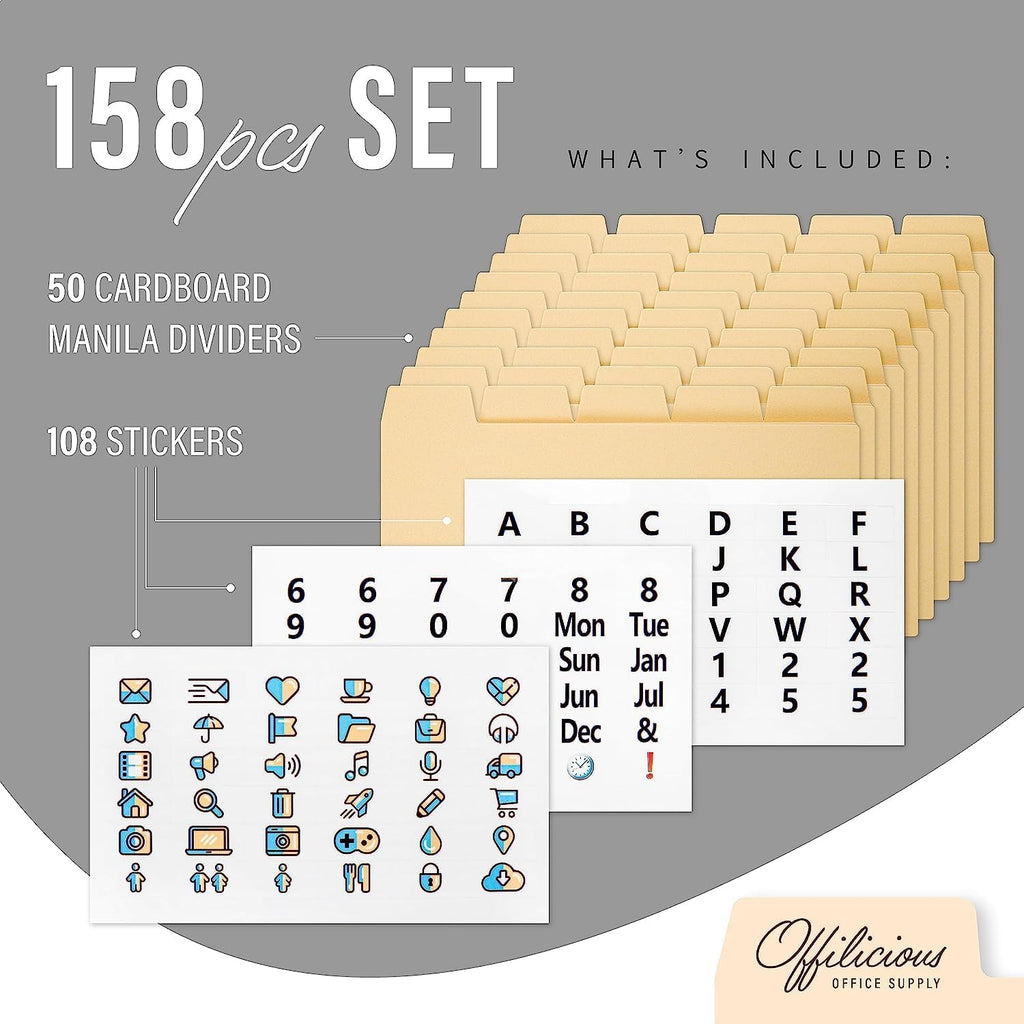 50 Heavyweight Manila Index Card Dividers 3x5 with Tabs & Alphabet Stickers for Recipe Cards