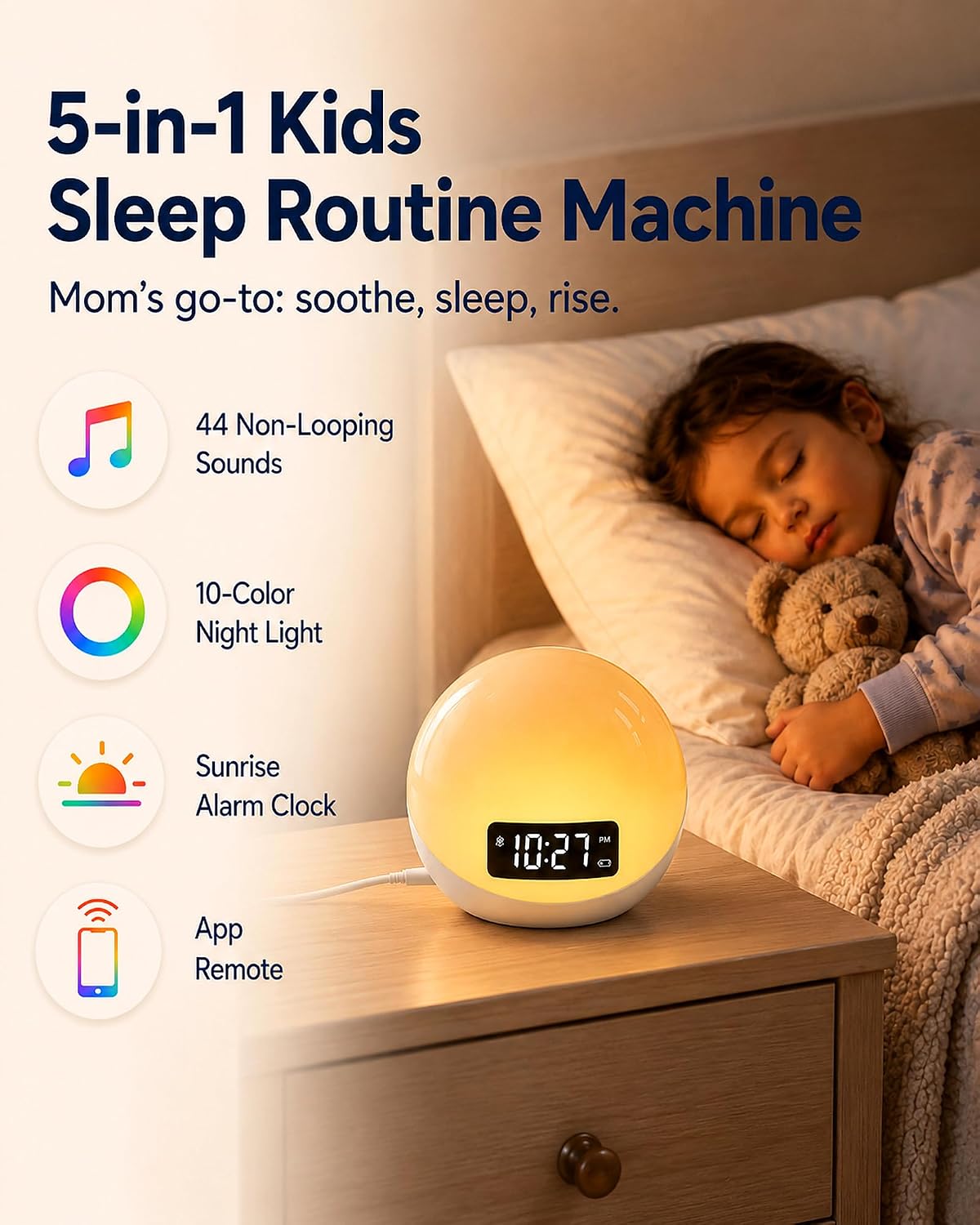 White Noise Sound Machine with Sunrise Alarm Clock for Kids Baby Shusher | 44 Non-Looping Soothing Sounds, 10-Color
