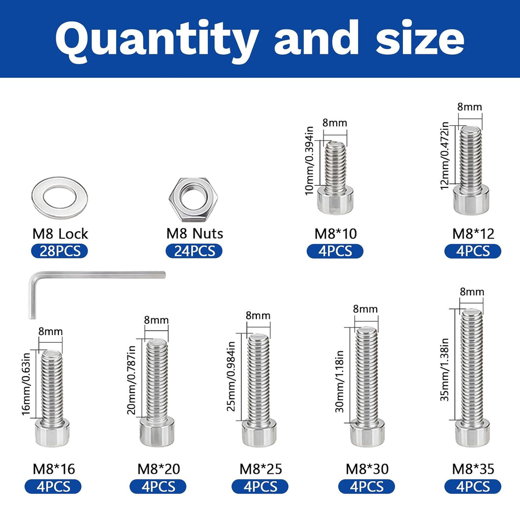 80Pcs M8 201 Stainless Steel Hex Socket Cap Bolt & Nut Set