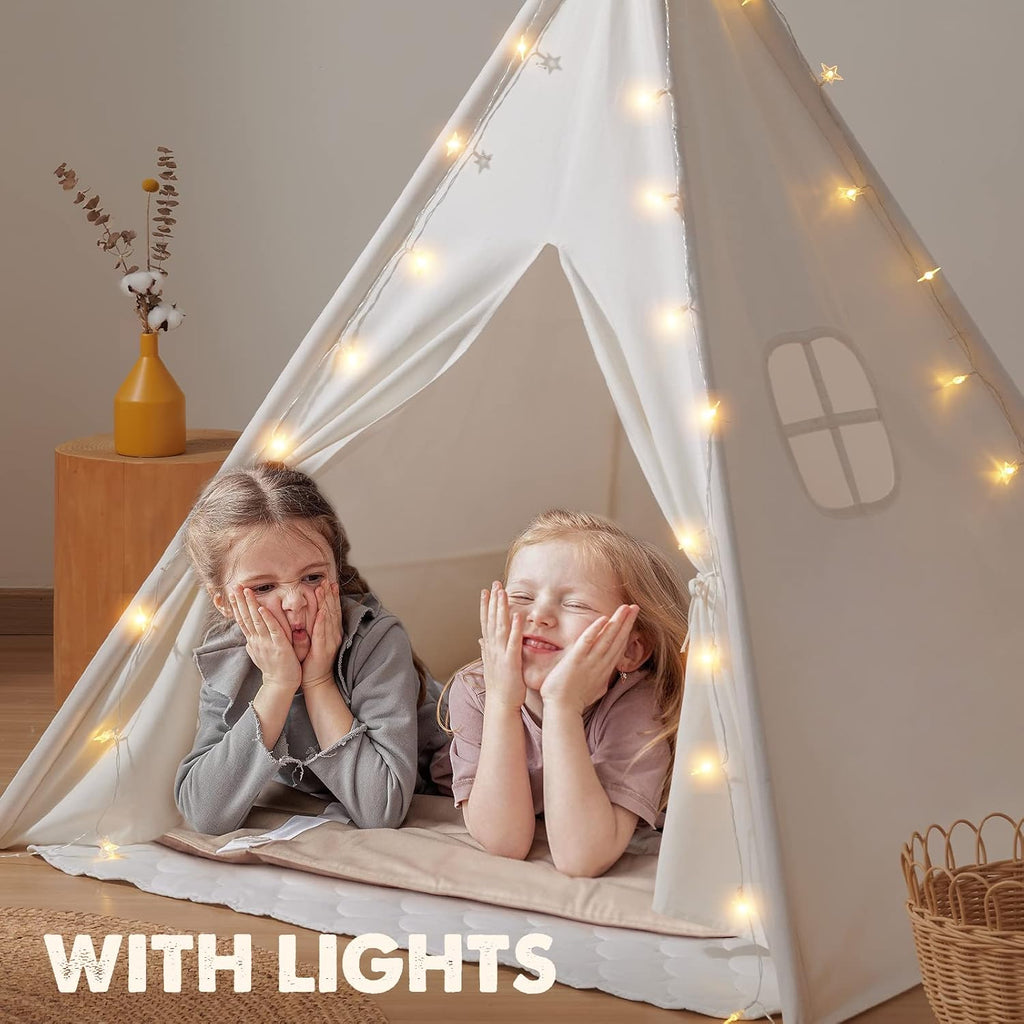 100% Cotton Canvas Teepee Tent for Kids with Mat & Star Lights | 47" × 47" × 60", Soft & Breathable Cotton Canvas