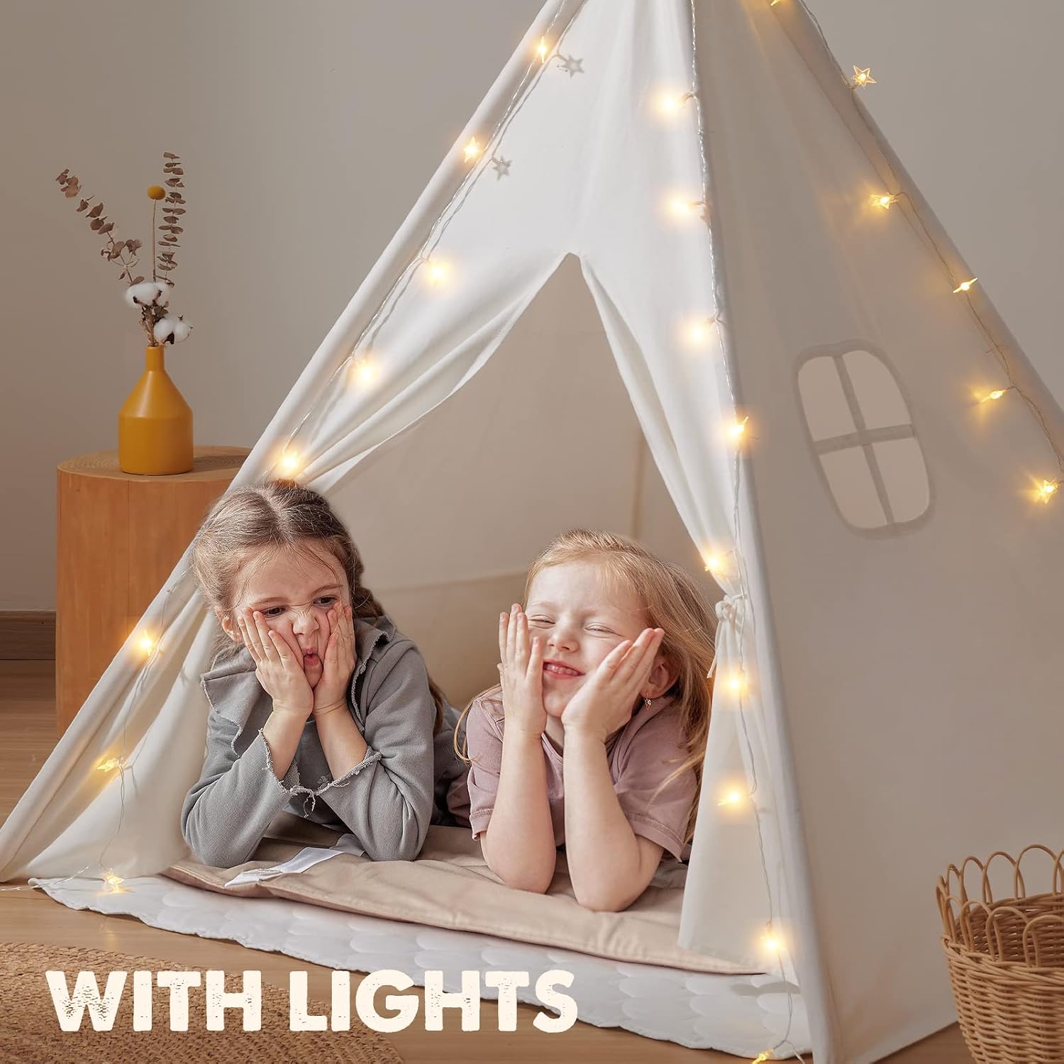 100% Cotton Canvas Teepee Tent for Kids with Mat & Star Lights | 47" × 47" × 60", Soft & Breathable Cotton Canvas