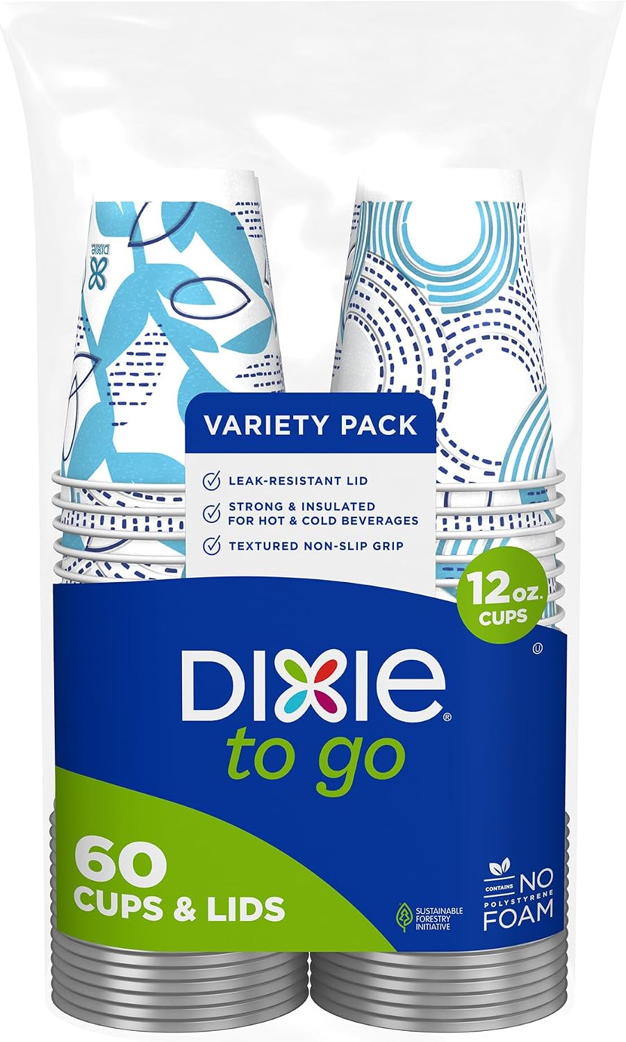 To Go Disposable Paper Cups with Leak-Resistant Lids, 12 oz, 60 Count