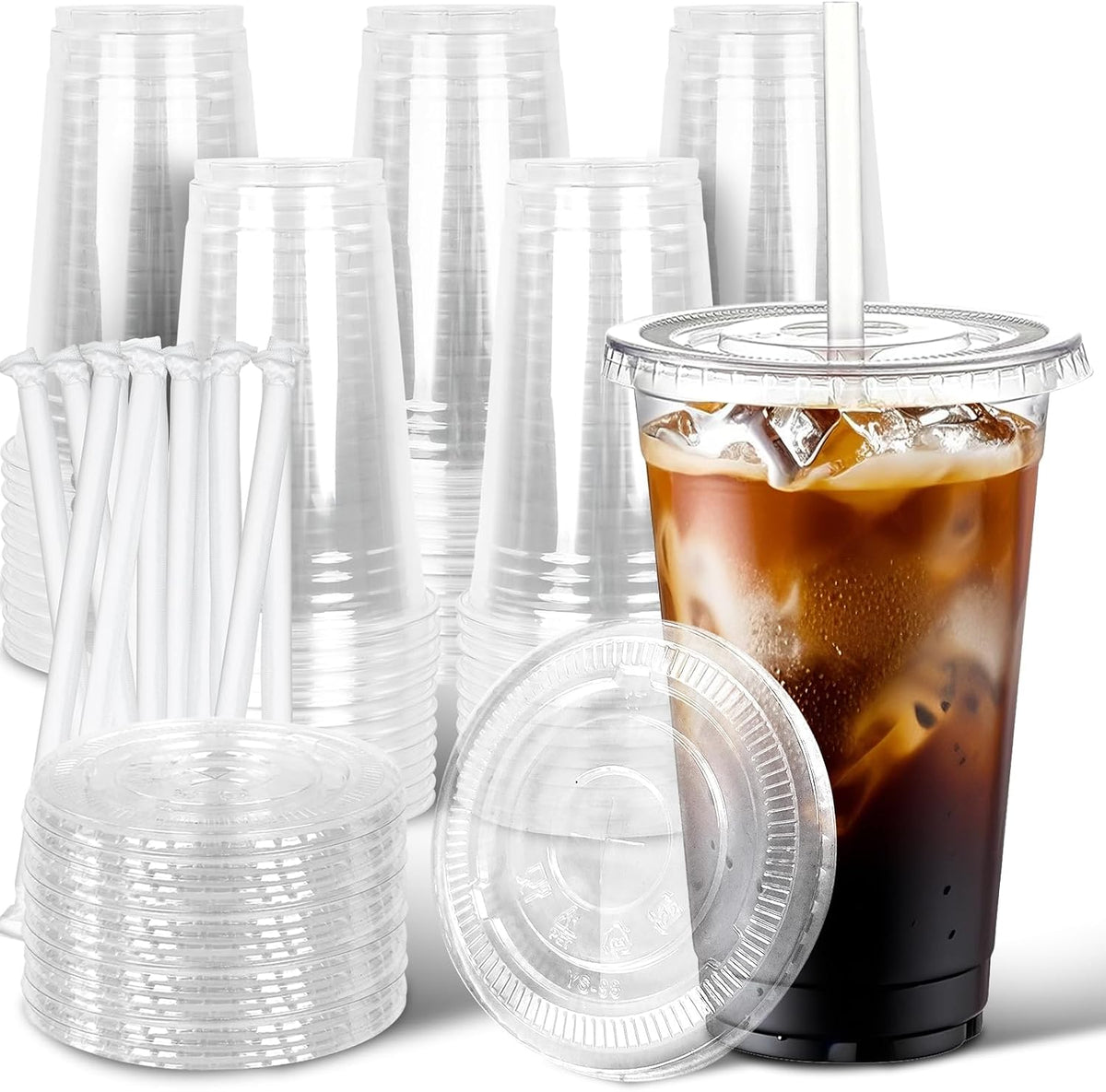 50 Pack 20 oz Plastic Iced Coffee Cups with Lids and Straws