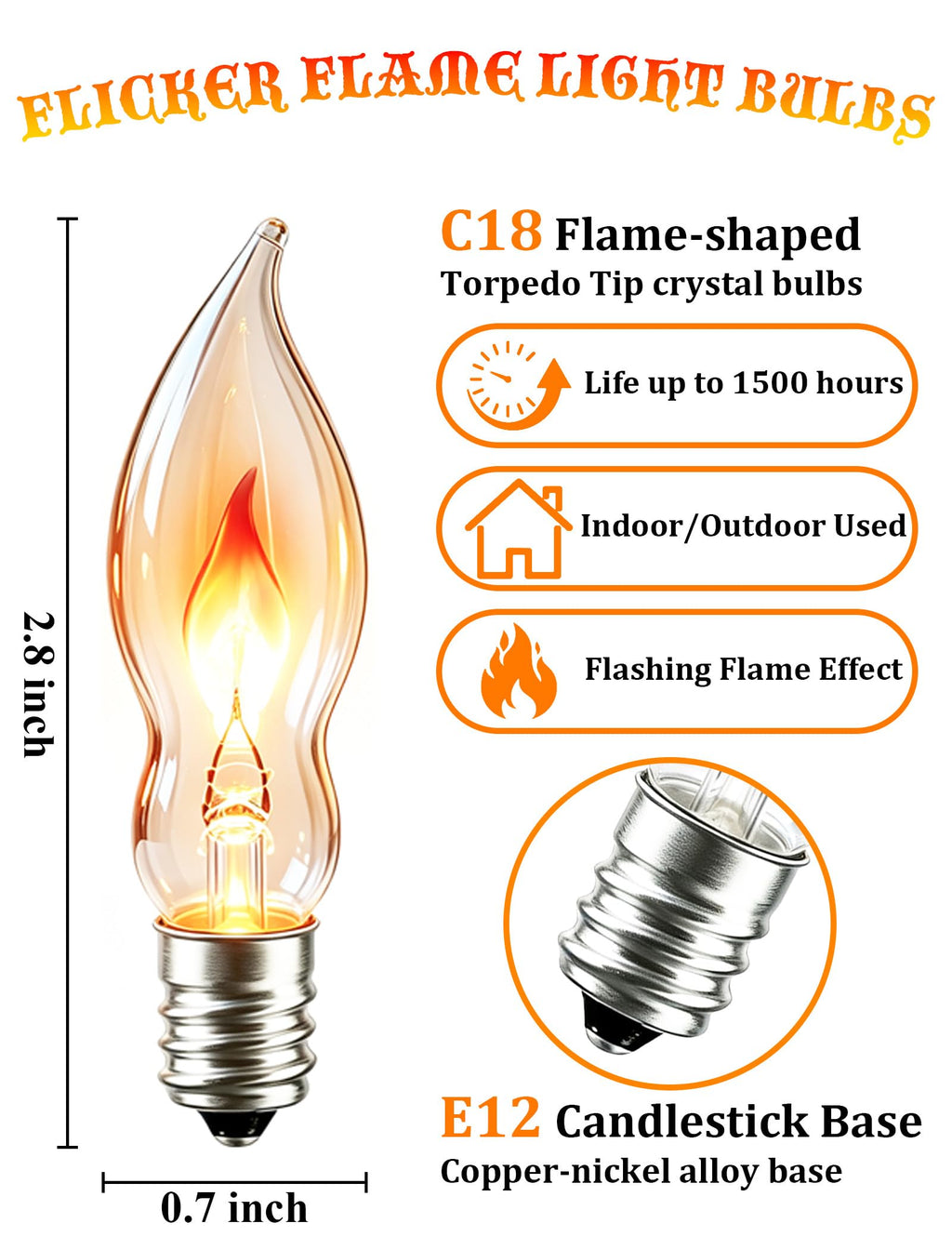 Halloween Flicker Flame Candelabra Bulbs, E12 Base, 1W, 12 Pack