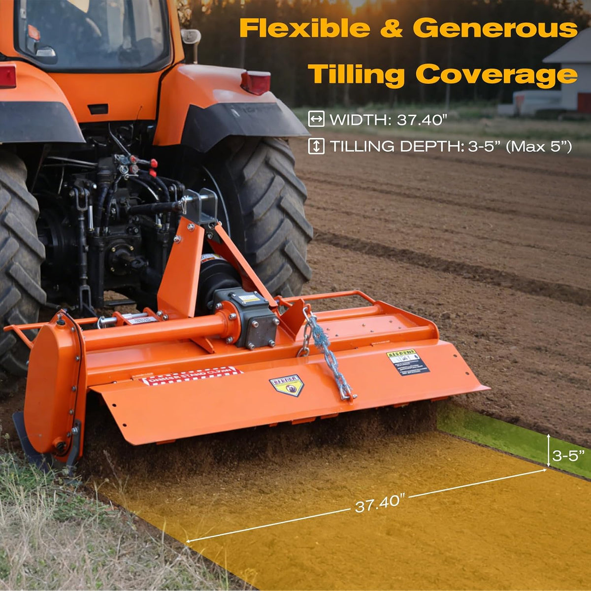 37" 3 Point Rotary Tiller Attachment for Cat 1 Tractors (15-25HP) | 540 RPM PTO-Driven Cultivator | Replaceable