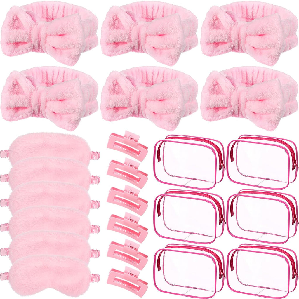 24 Pcs Spa Party Favors Supplies 6 Spa Headband 6 Plush Sleep Eye Mask 6 Hair Claw Clips 6 Clear Cosmetic Bags for