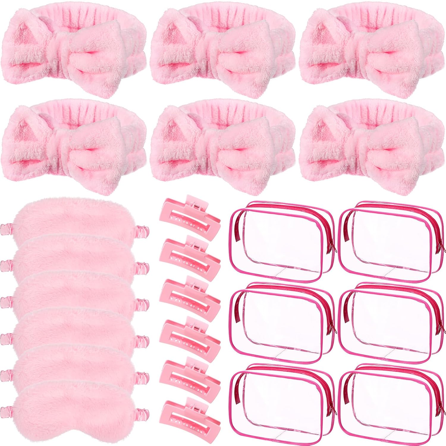 24 Pcs Spa Party Favors Supplies 6 Spa Headband 6 Plush Sleep Eye Mask 6 Hair Claw Clips 6 Clear Cosmetic Bags for