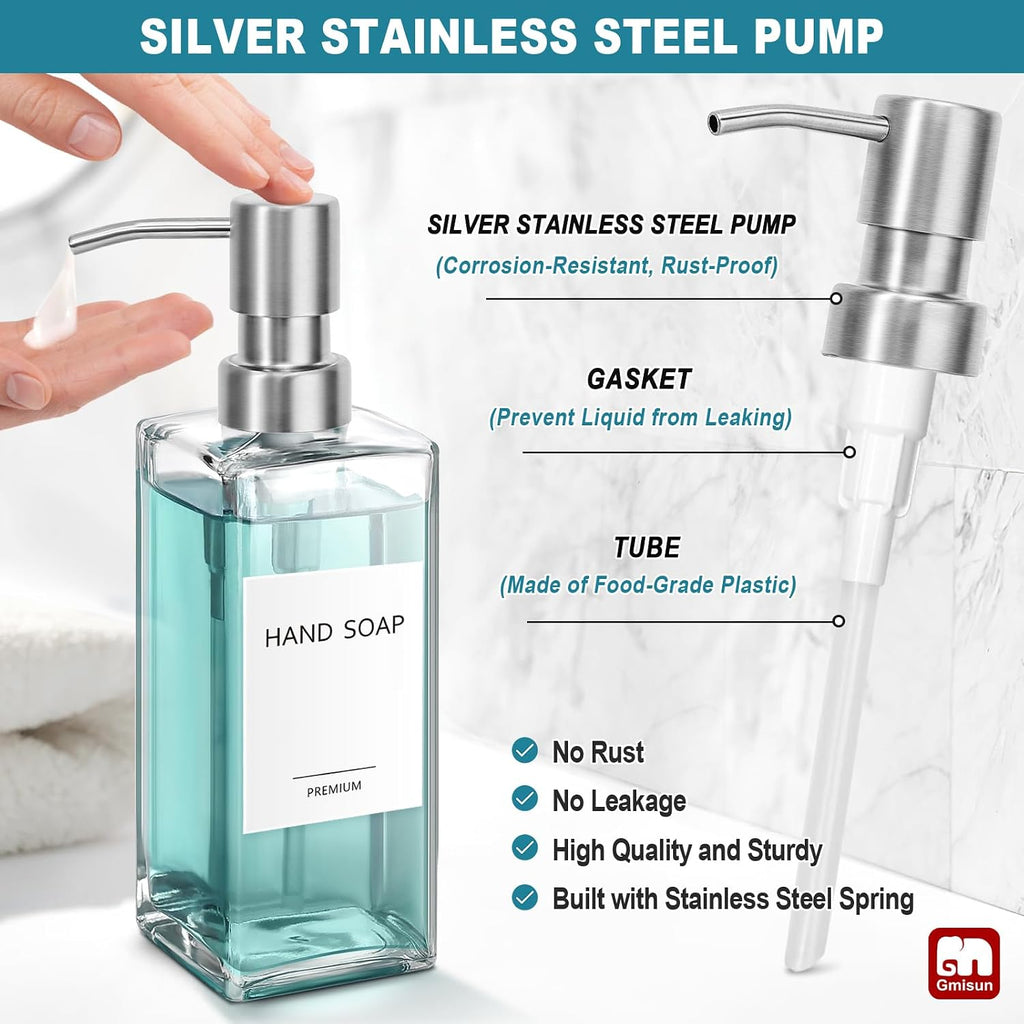 Glass Soap Dispenser with Stainless Steel Pump, Clear Hand Soap Dispenser for Bathroom, 12 fl oz/350ml Hand and Dish