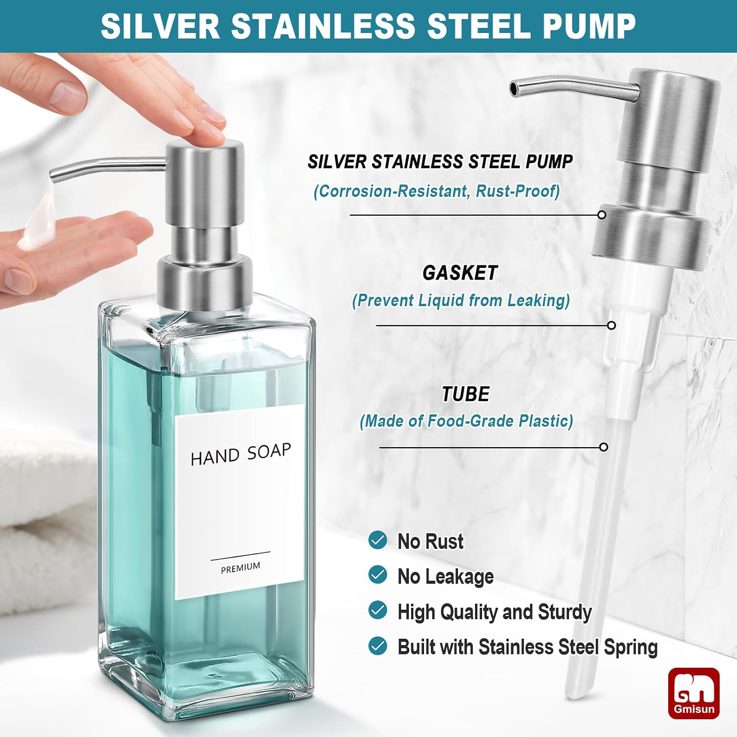 Glass Soap Dispenser with Stainless Steel Pump, Clear Hand Soap Dispenser for Bathroom, 12 fl oz/350ml Hand and Dish