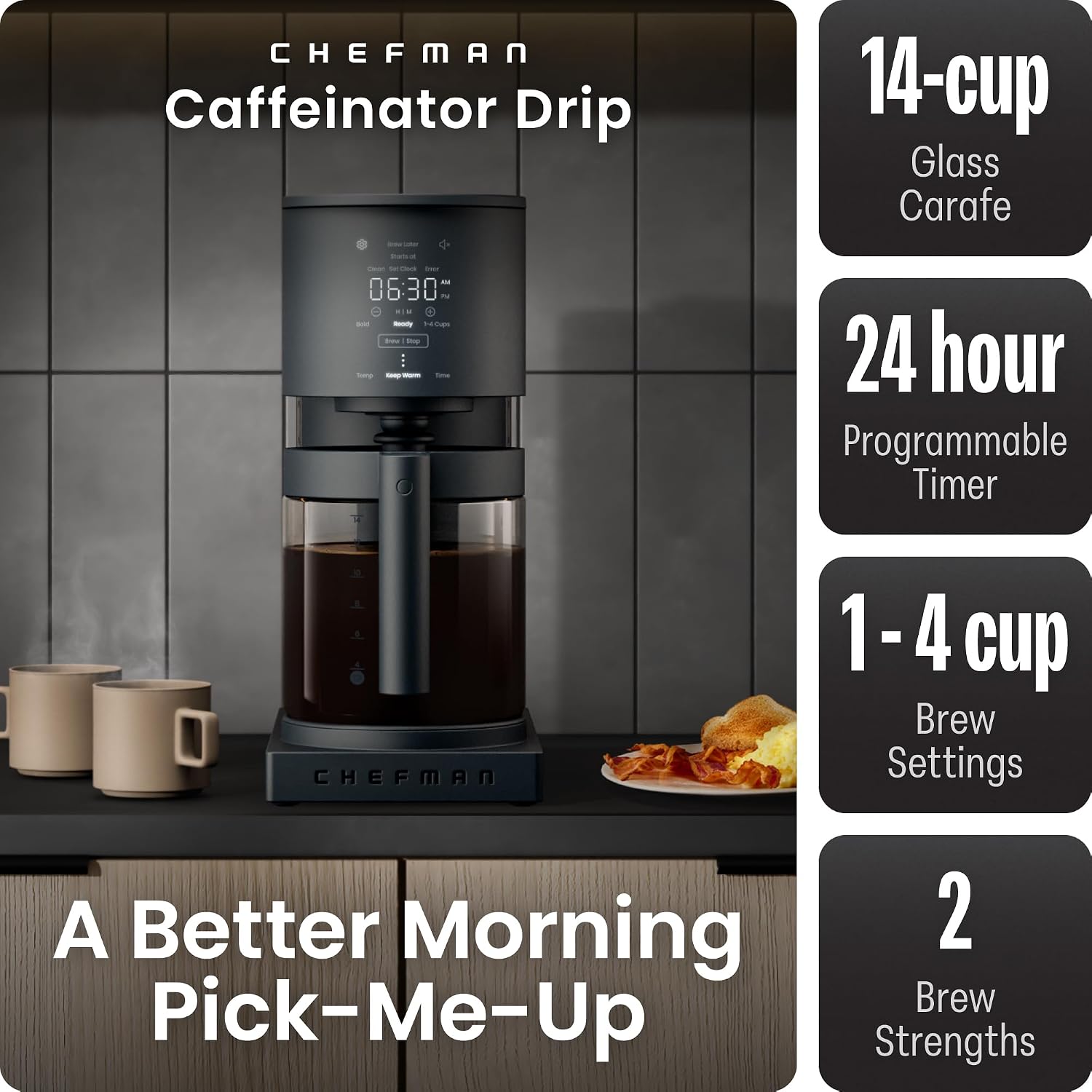 Caffeinator Programmable Drip Coffee Maker, 14-Cup Glass Carafe with 1-4 Cup Brewing, Classic & Bold Settings