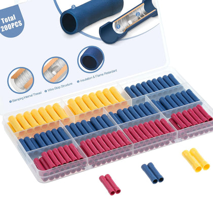 UL Listed 200 Pcs Wire Butt Splice Connectors Kit, 22-10 AWG Electrical Crimp Terminal Connector Kits, Fully