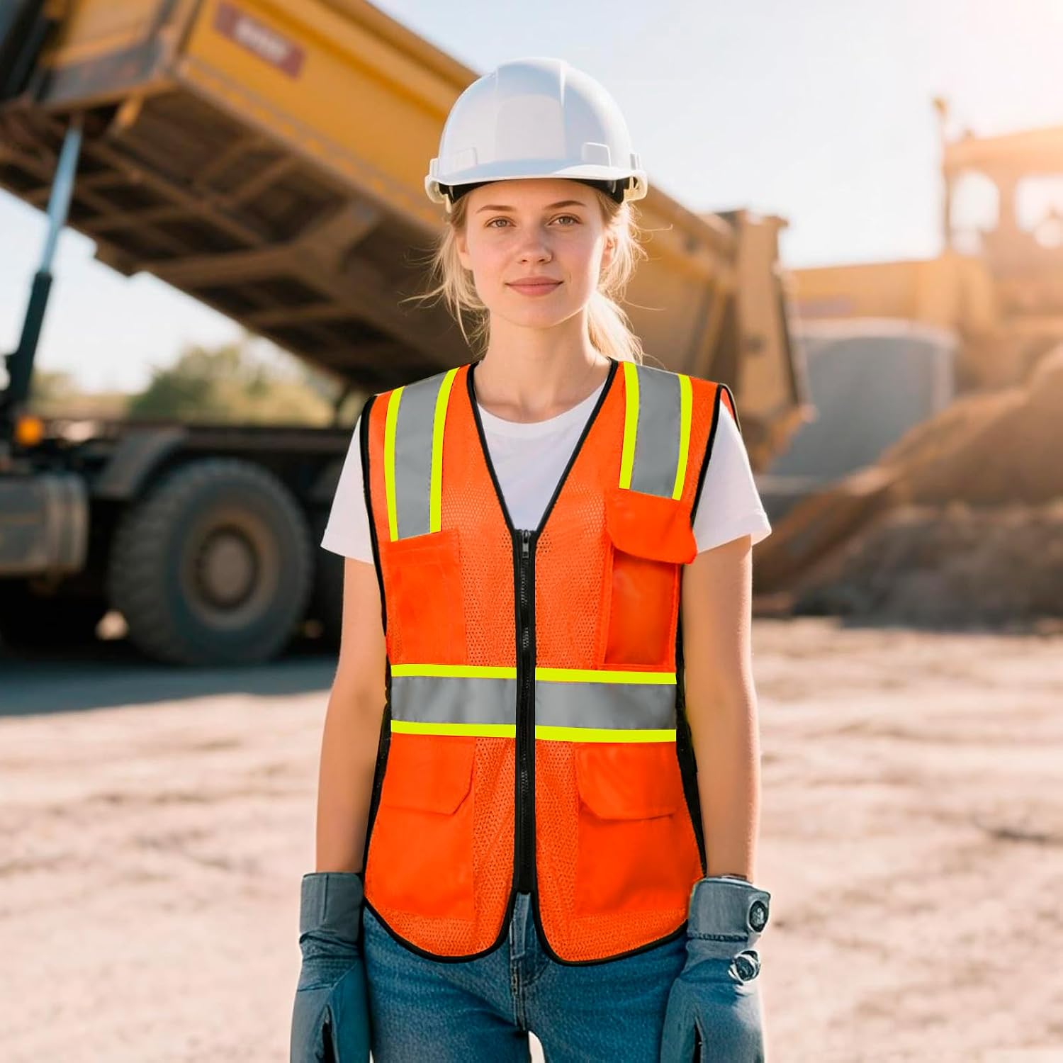 9 Pockets High Visibility Reflective Safety Vest for Women, Full Zip Class 2 Mesh Work Vest for Warehouse