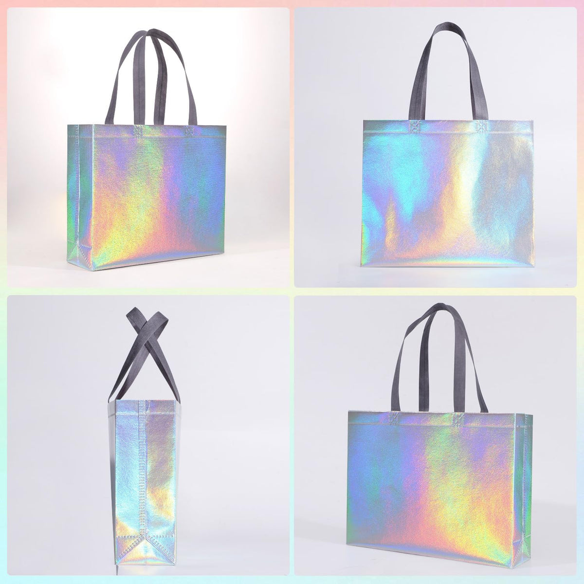 Glossy Iridescent Gift Bags with Handle, Non-woven, Reusable, Sturdy Base, 20-Pack, for Birthday, Wedding, Easter