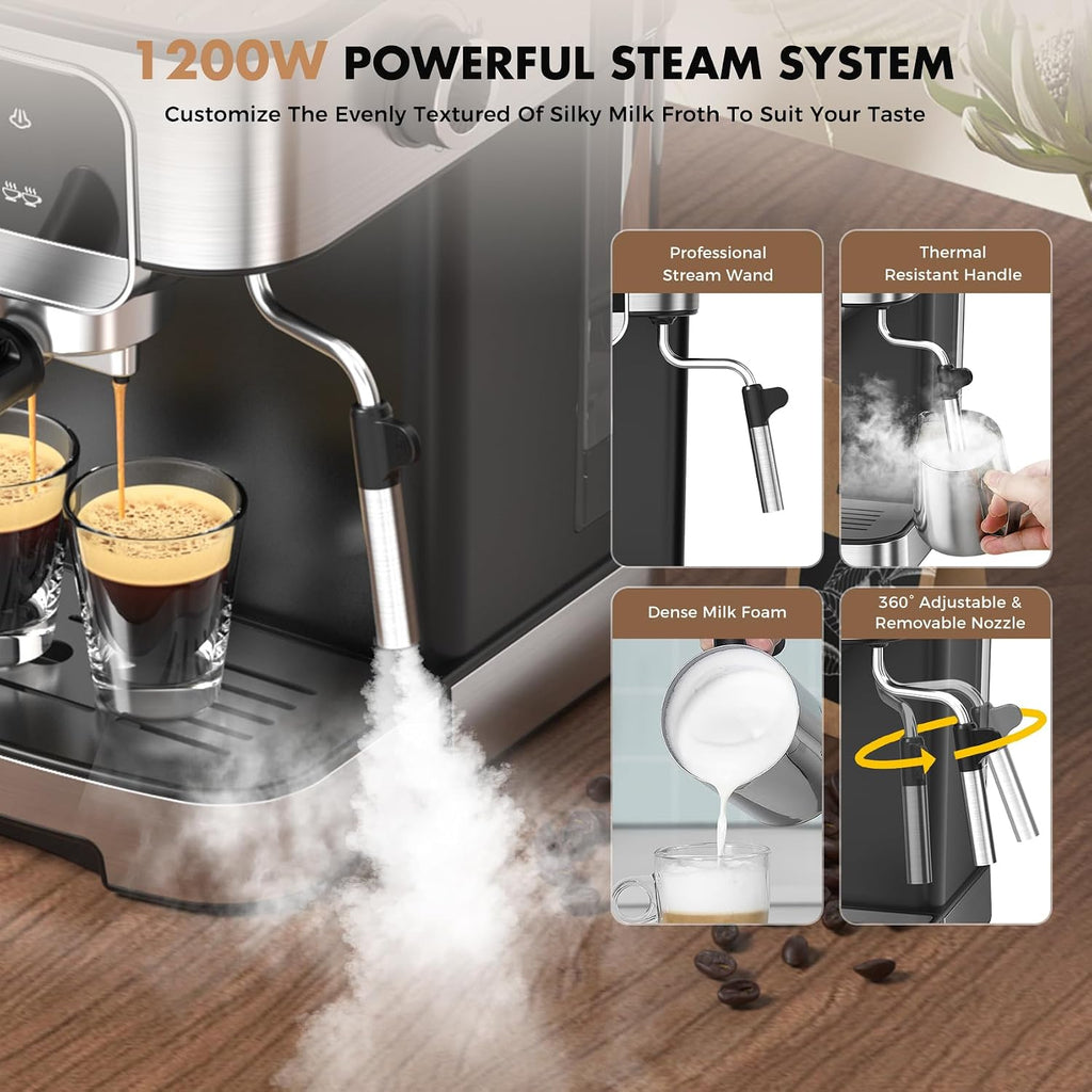 Compact 20 Bar Espresso Machine with Milk Frother & Touch Screen | 1200W Coffee Maker with 61OZ Removable Water Tank