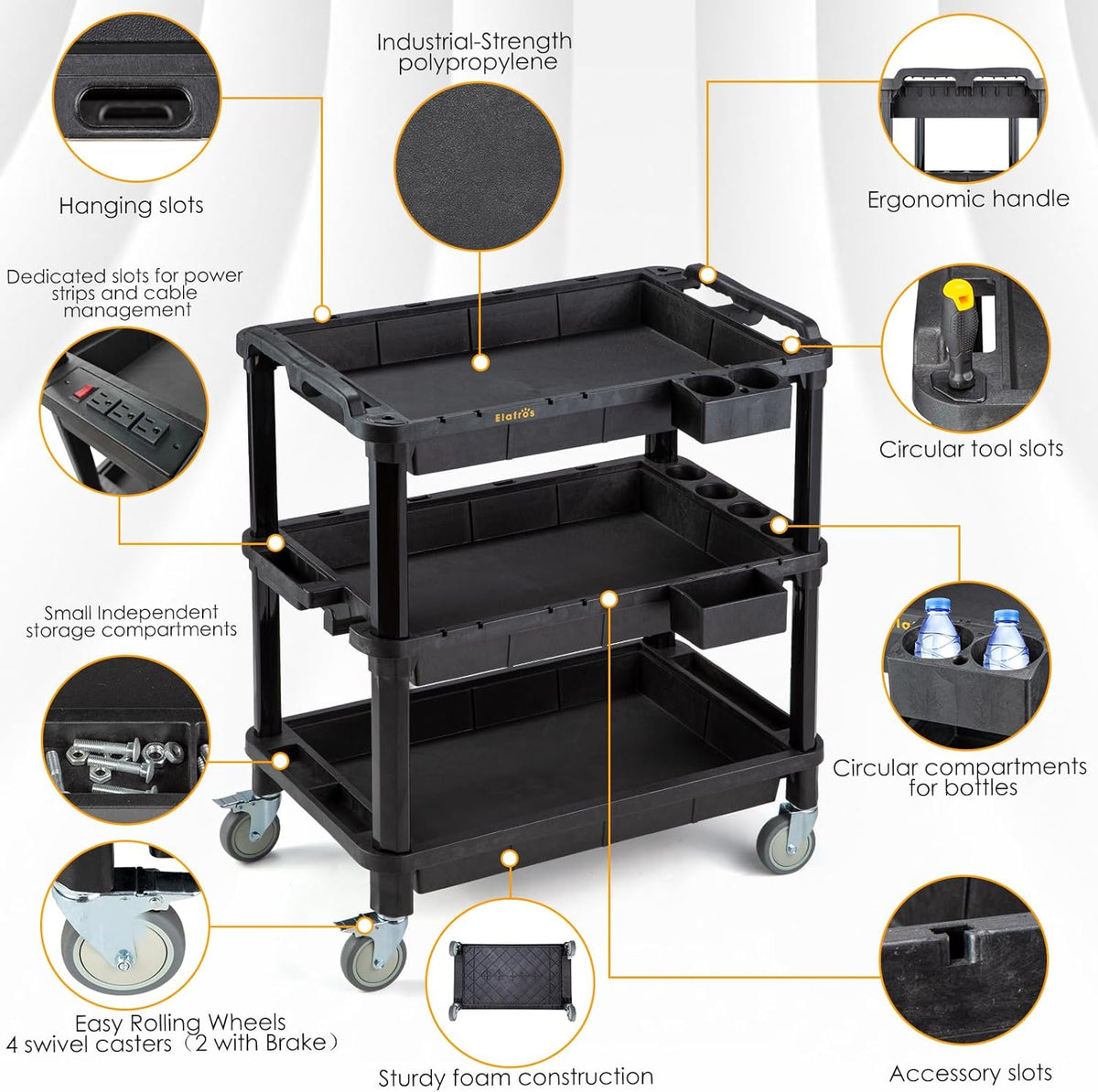 3-Shelf Heavy Duty Rolling Utility Cart, 32.4 x 18.3 in