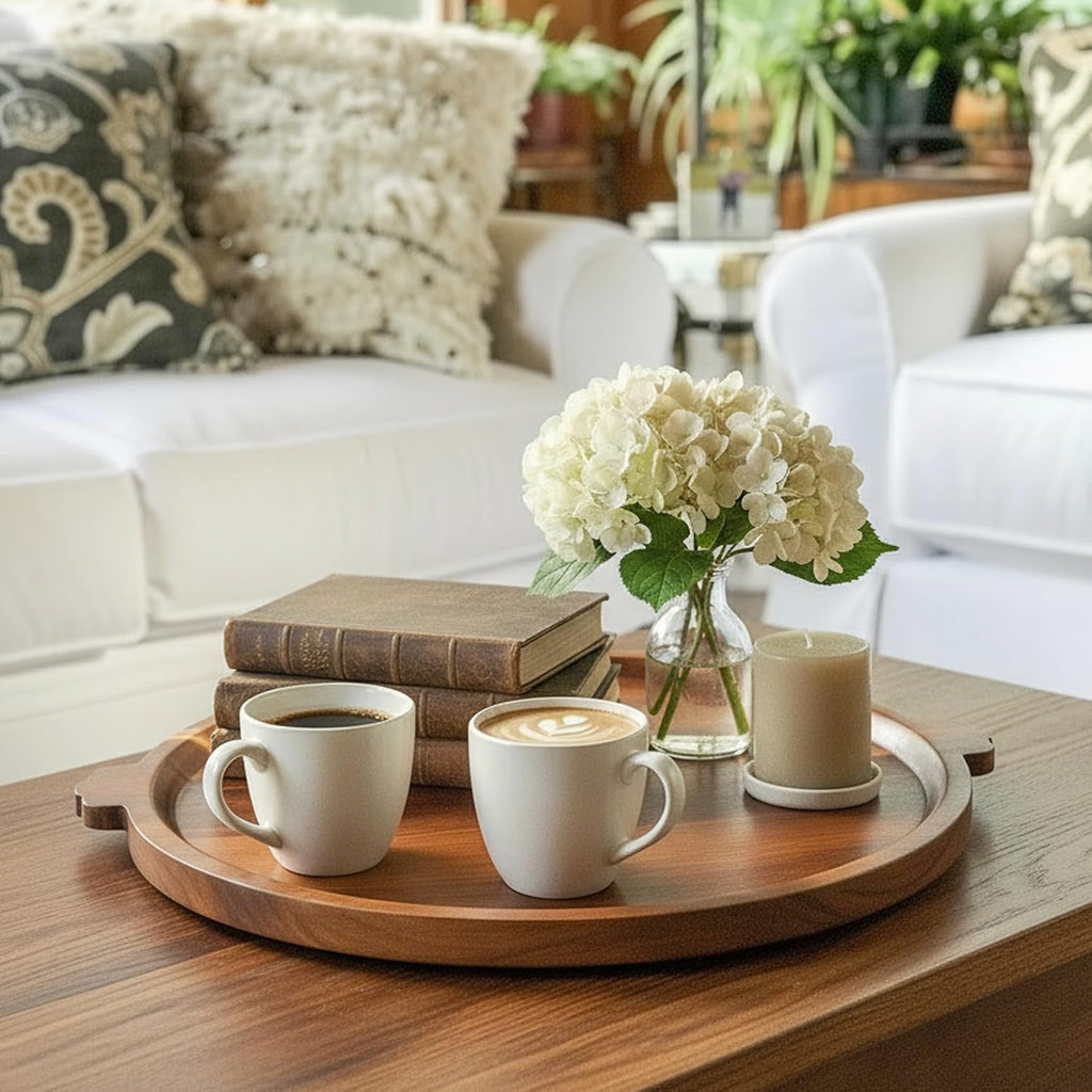 Charcuterie Board 13'' Wood Serving Platter Round Ottoman Coffee Table Tray