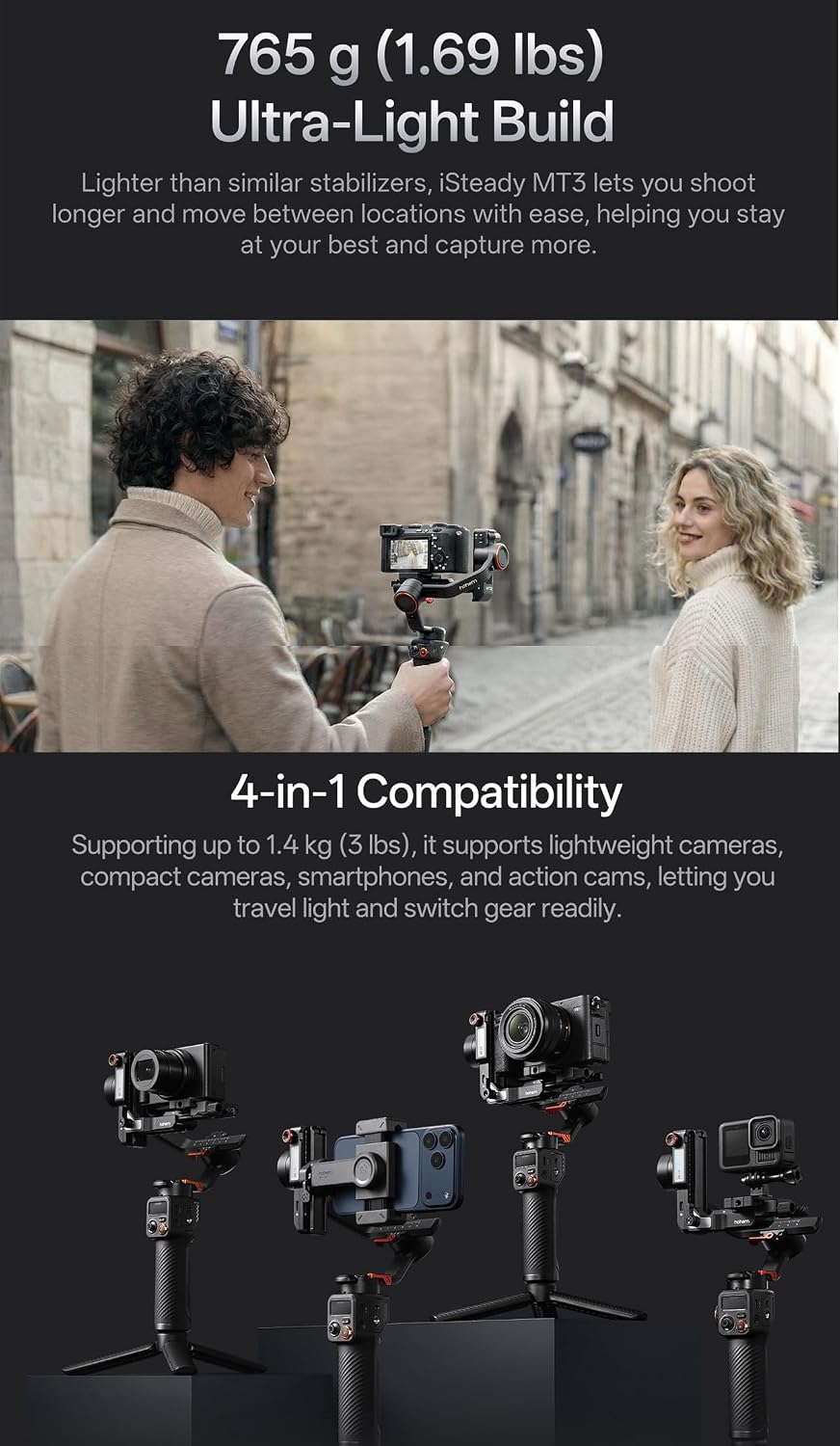 iSteady MT3 Gimbal Stabilizer for Camera Compact Mirrorless/Action Cams/Smartphone, Built-in AI Tracker CCT RGB