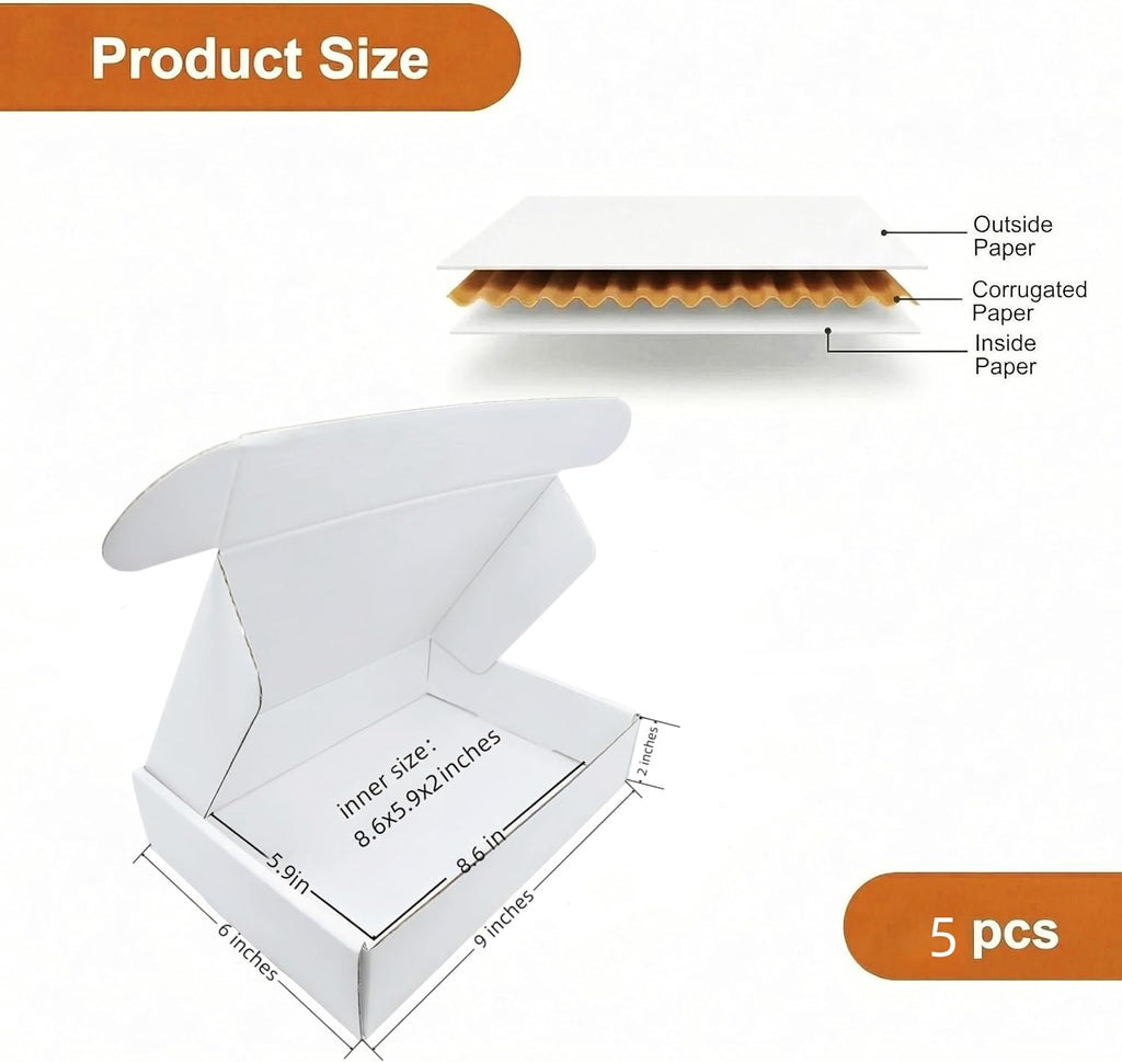 Small Corrugated Mailer Boxes 9x6x2 Inches(White, Pack of 5)
