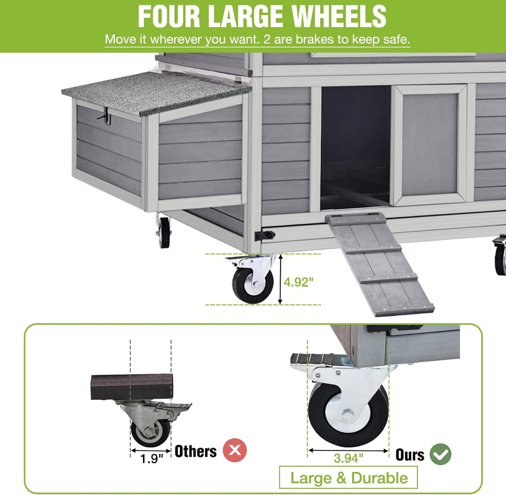 Large Chicken Coop on Wheels Mobile Wooden Hen House Weatherproof Duck Poultry Cage 67.3" L for 6-8 Chickens with 6