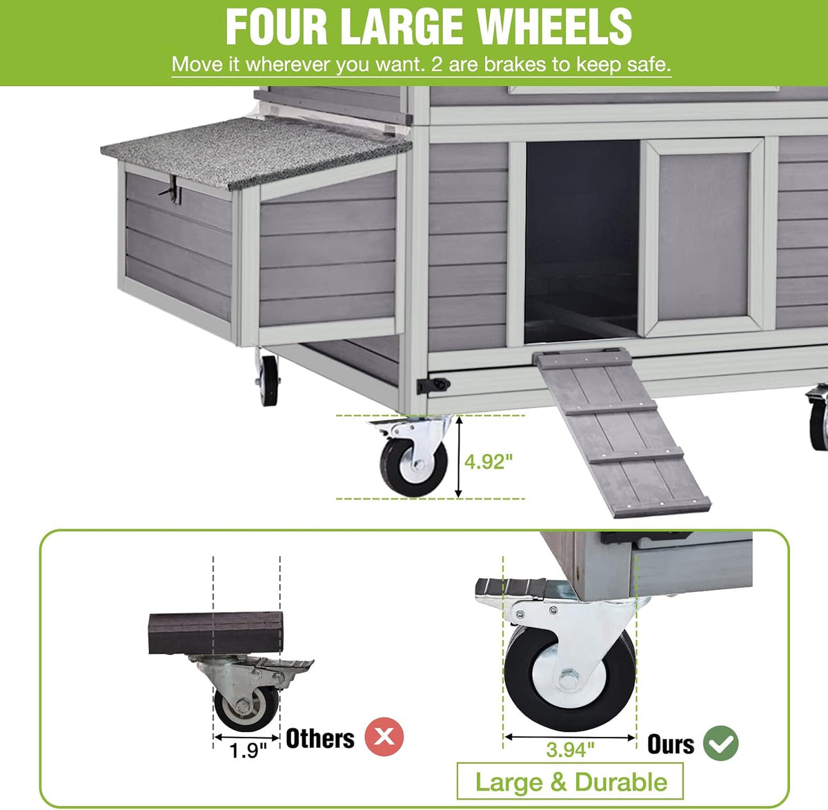 Large Chicken Coop on Wheels Mobile Wooden Hen House Weatherproof Duck Poultry Cage 67.3" L for 6-8 Chickens with 6