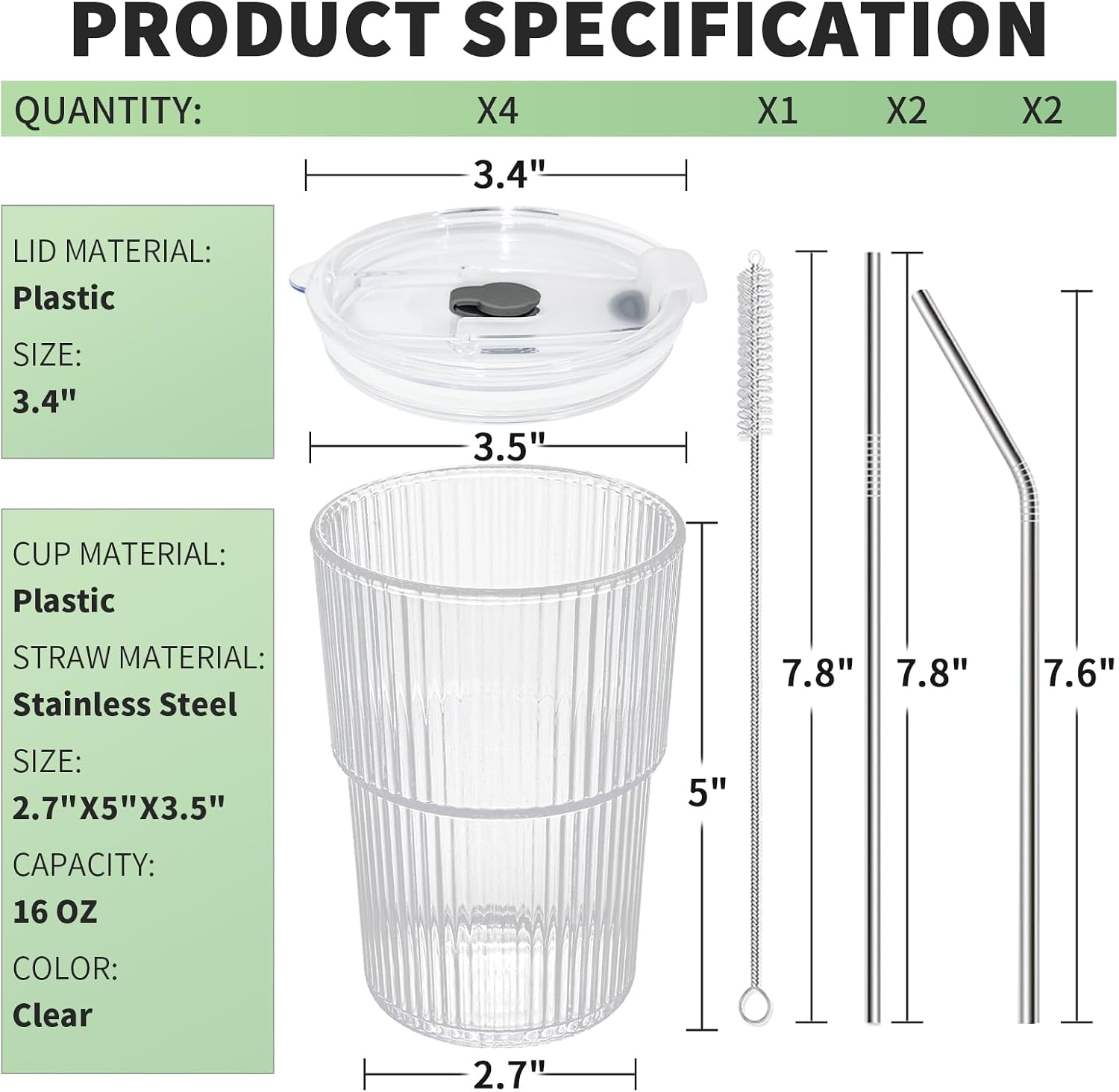 16 OZ Iced Coffee Cups with Lids and Straws Set of 4, Unbreakable Plastic Drinking Glasses Reusable Iced Coffee Glass